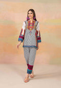 White and Black Striped Khaddar 2-Piece Suit with Multicolor Printed Borders