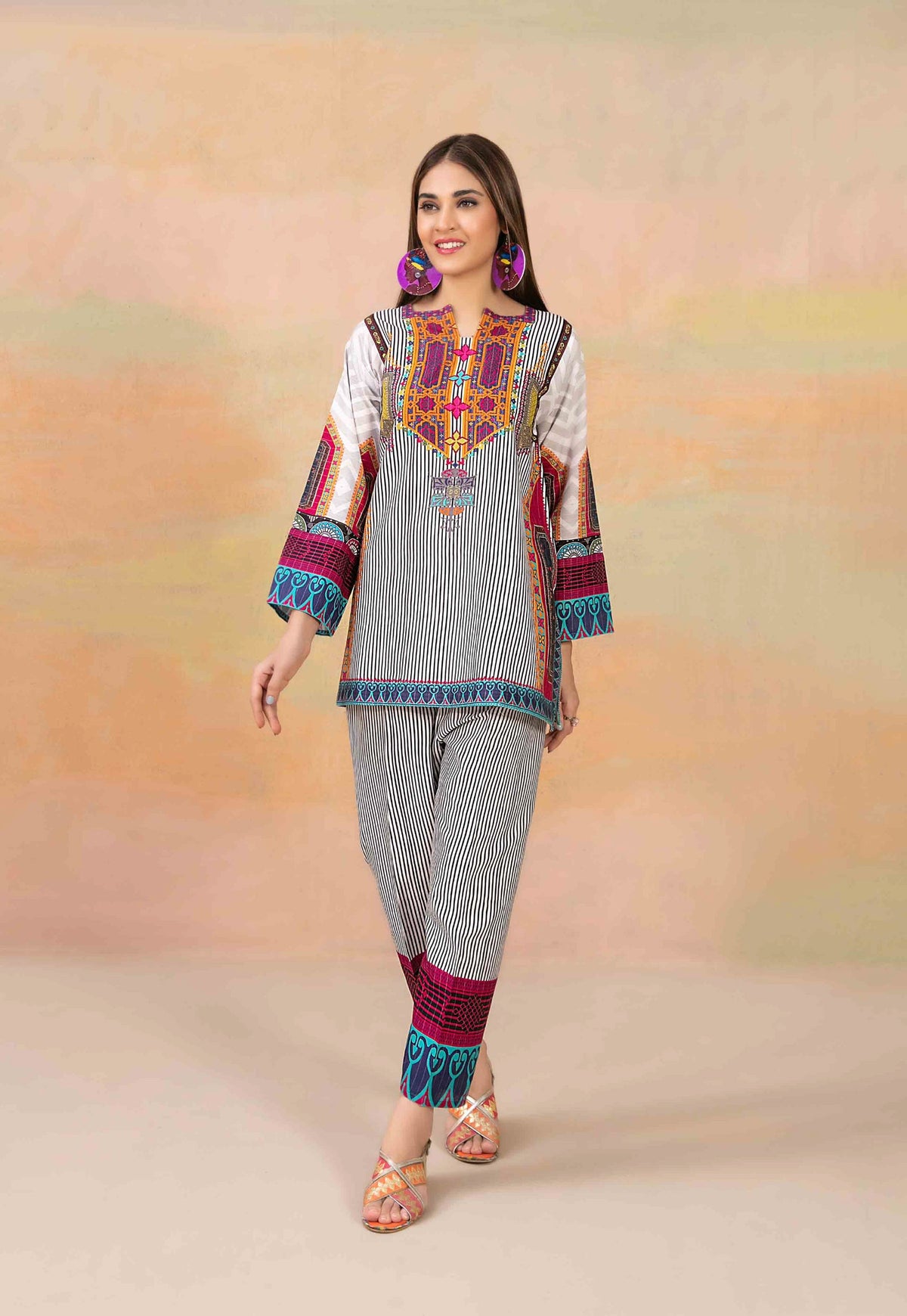 White and Black Striped Khaddar 2-Piece Suit with Multicolor Printed Borders
