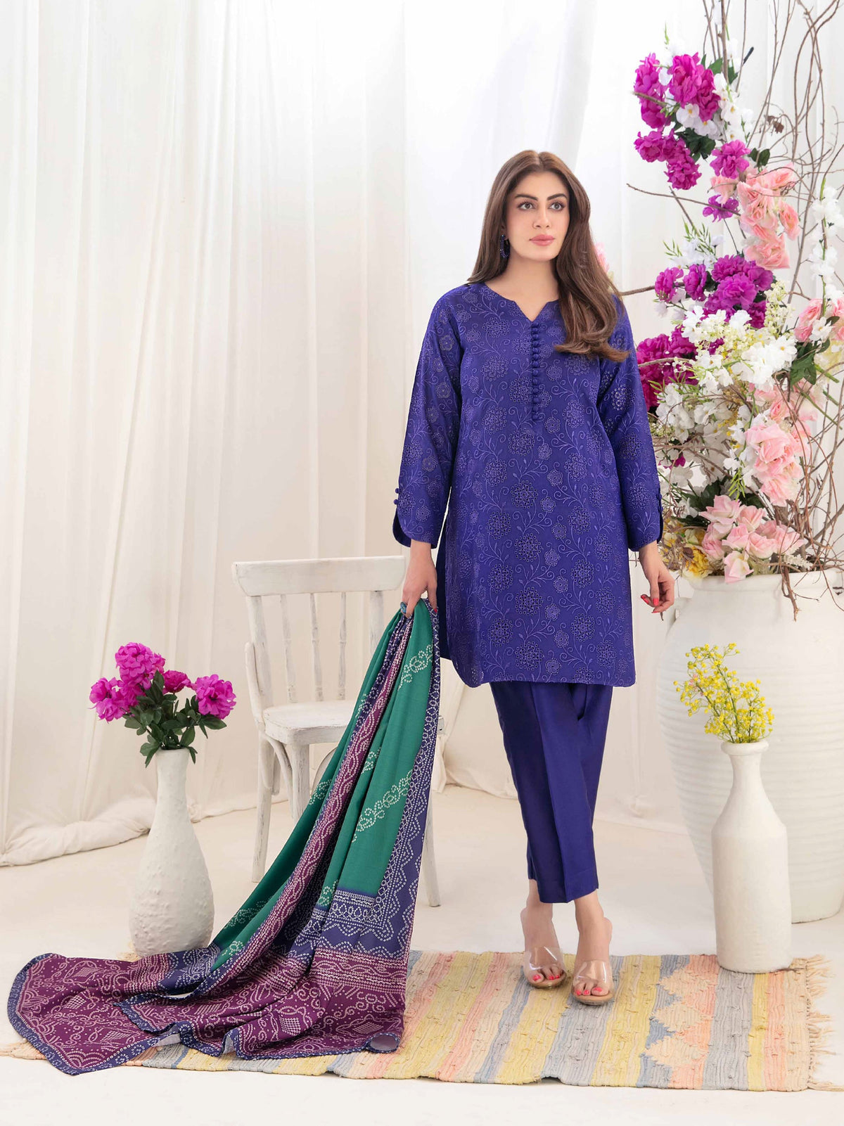 Royal Blue Embroidered Shirt with Teal Digital Printed Shawl Dupatta