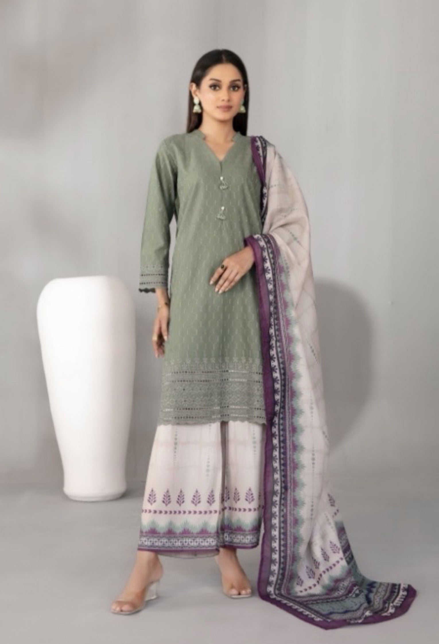 Dusty Olive Embroidered Schiffli Lawn with Digital Printed Dupatta