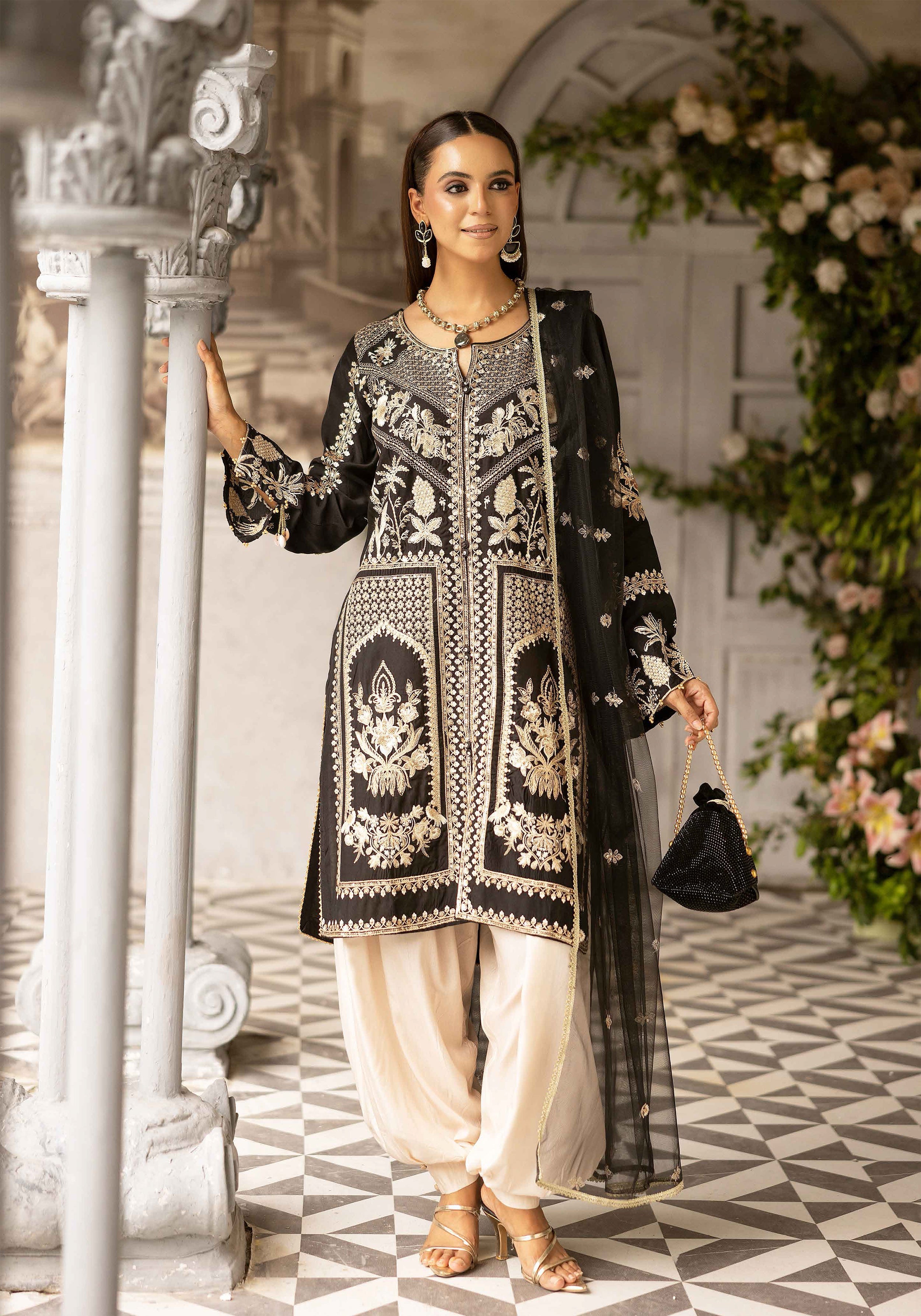 Black Luxury Embroidered 3-Piece Suit with Organza Dupatta & Tulip Shalwar