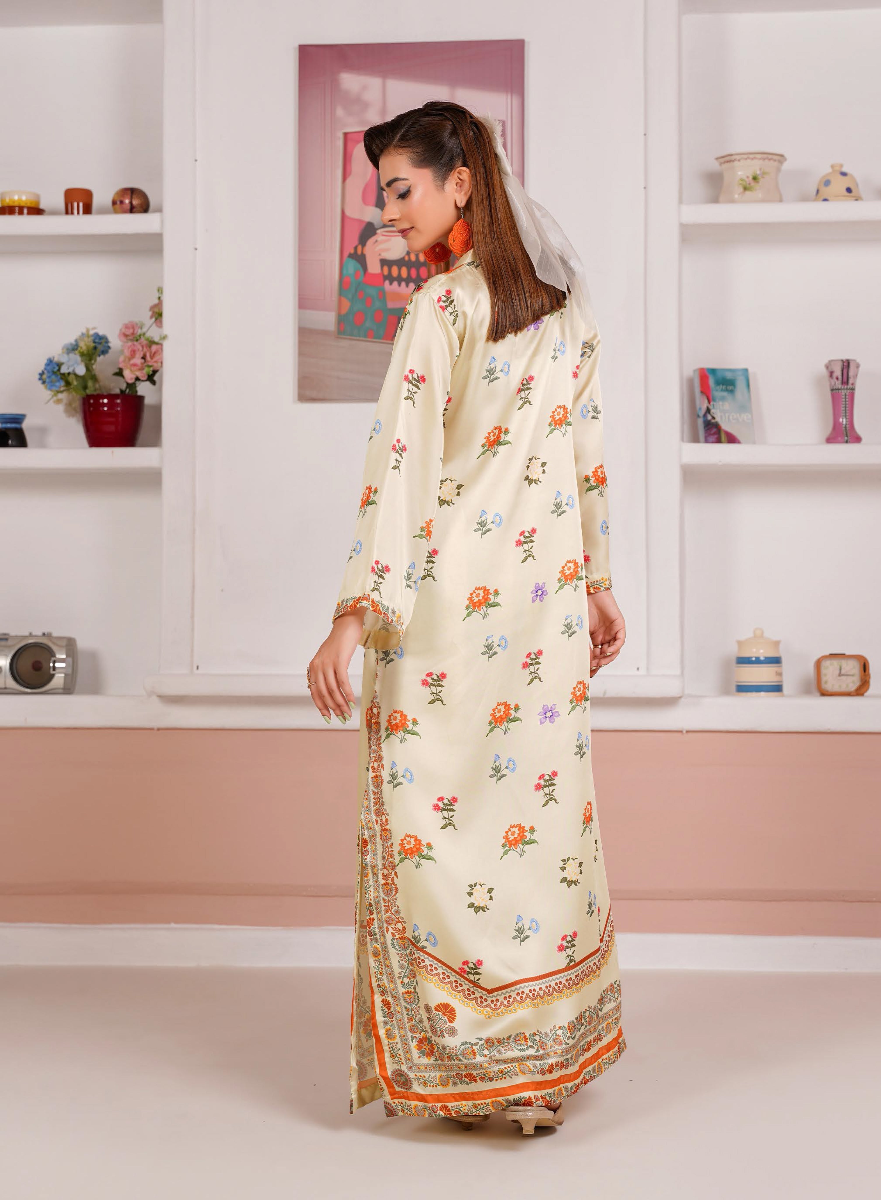 Cream Floral Printed Silk Long Shirt & Trouser