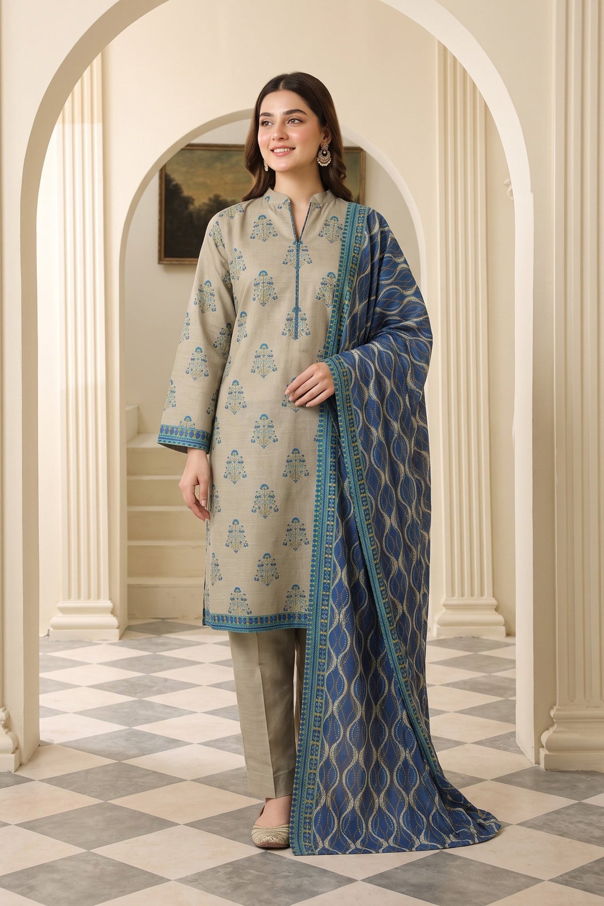 Beige & Royal Blue Printed Khaddar 3-Piece Suit