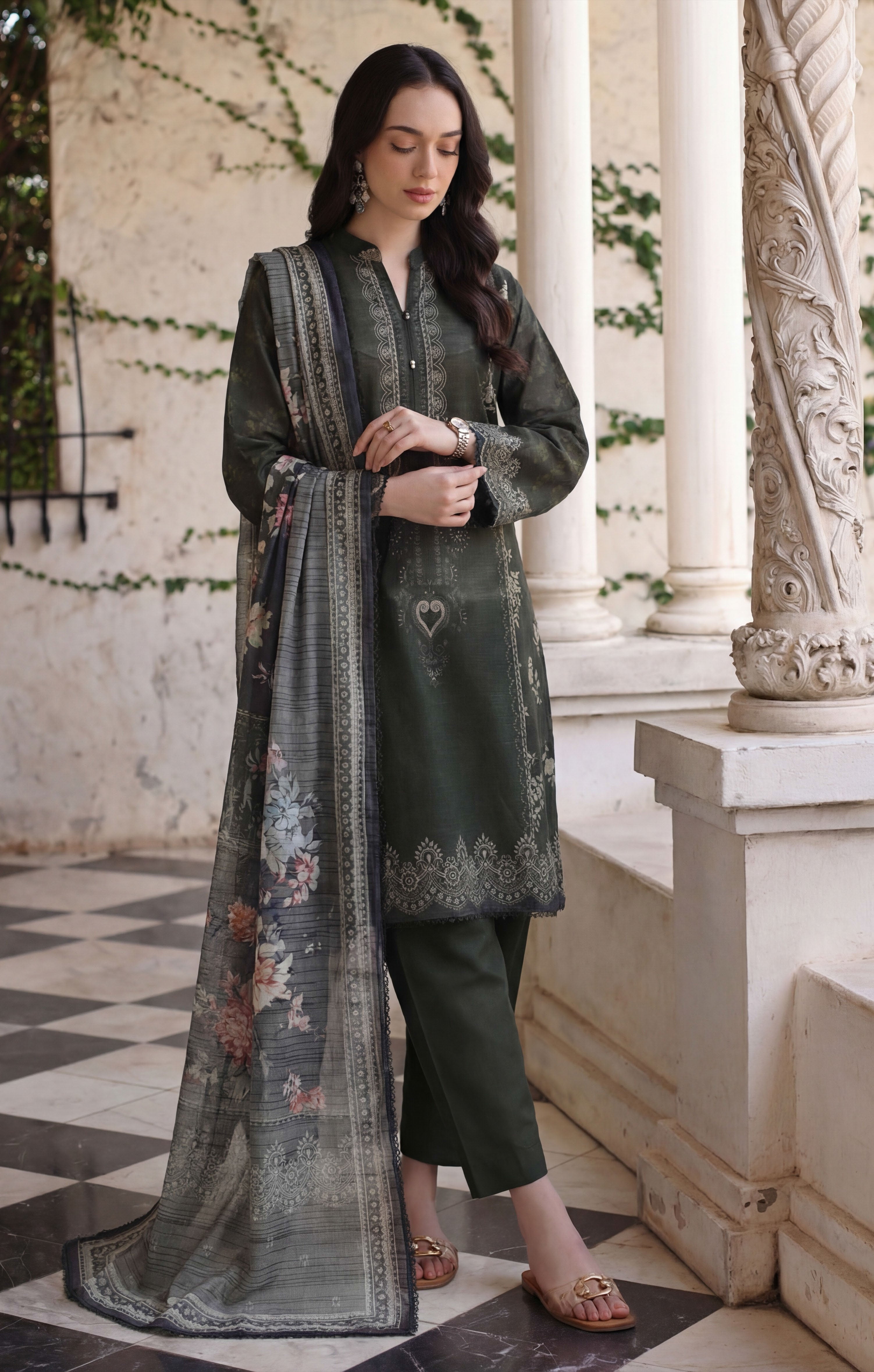 charcoal grey 3pc Lawn Stitched Suit
