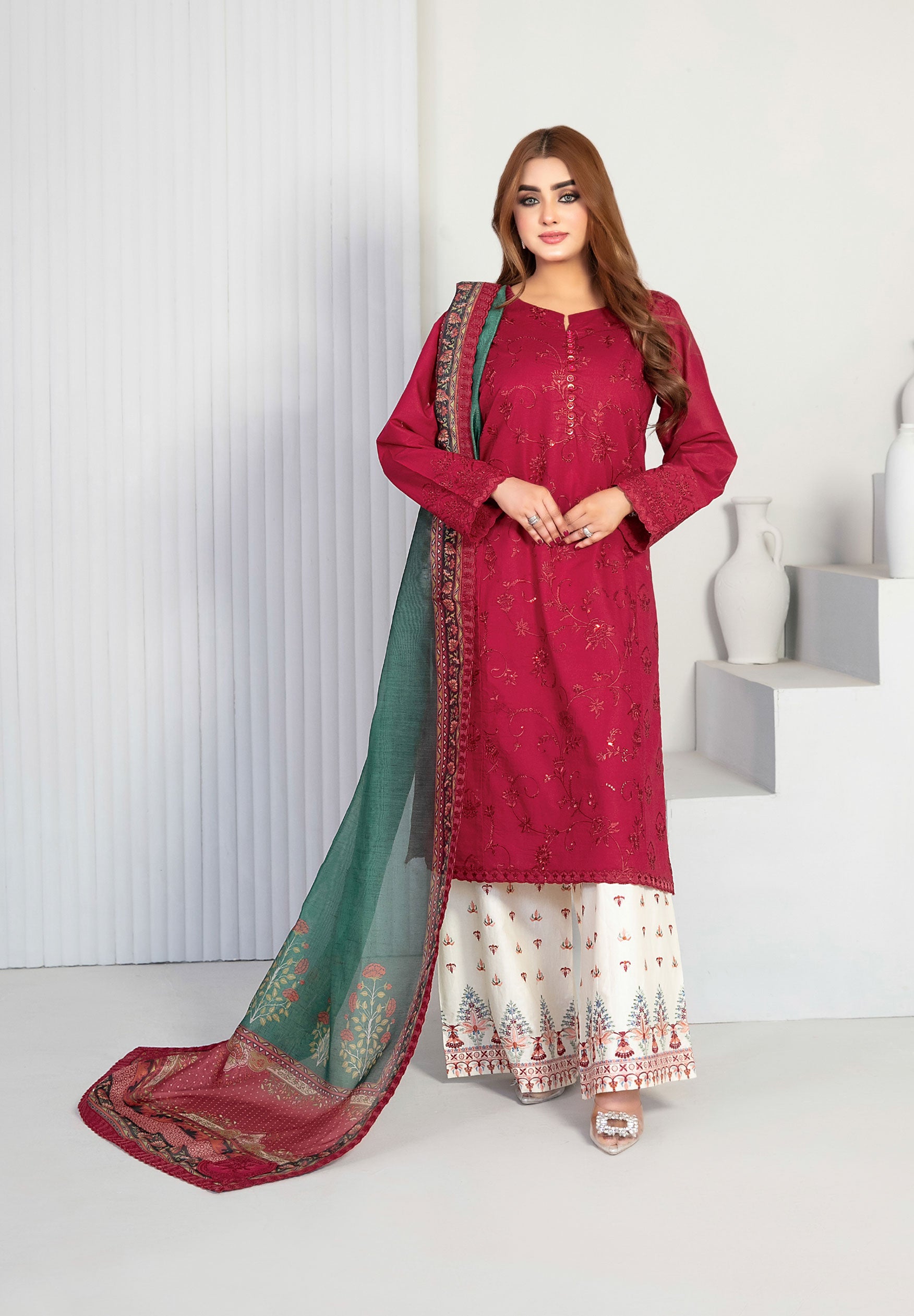 Maroon Fancy Embroidered Lawn with Digital Print Dupatta