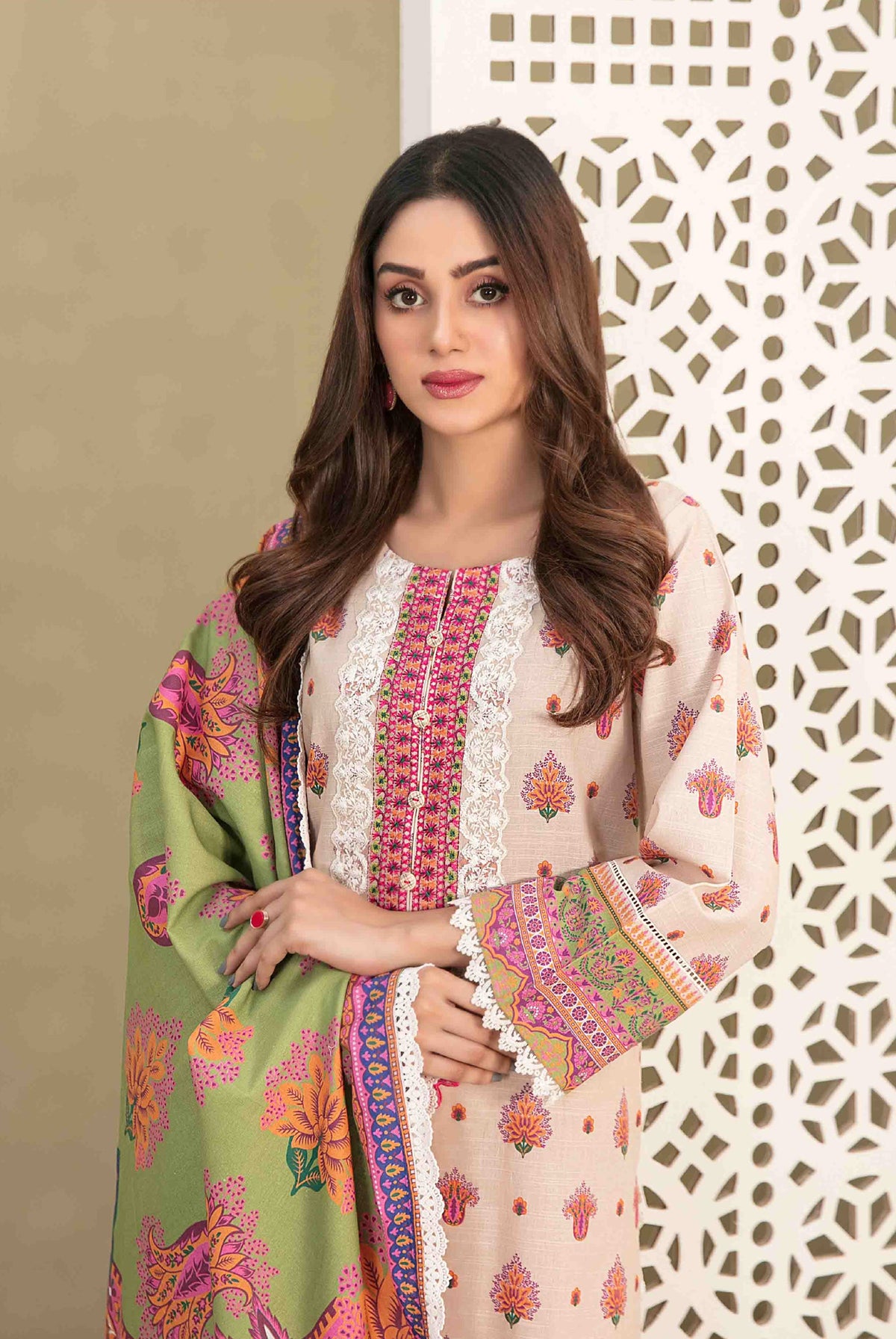 Beige Khaddar Embroidered 3-Piece Suit with Multicolor Printed Dupatta