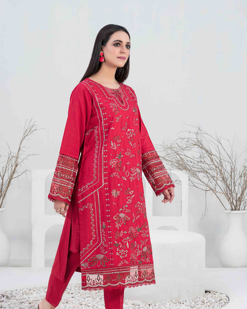 Red Embroidered Slub Linen 2-Piece Suit