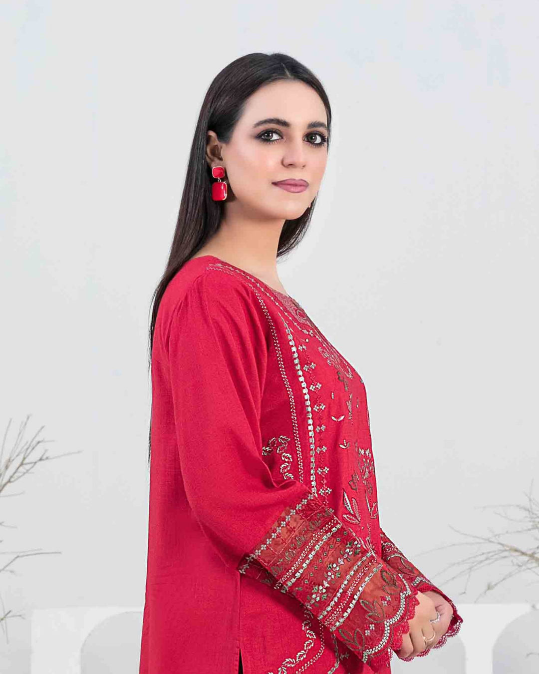 Red Embroidered Slub Linen 2-Piece Suit