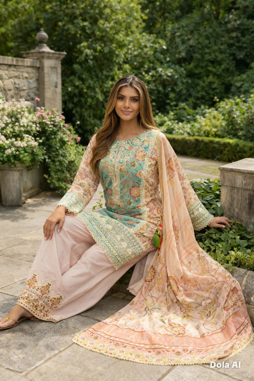 Inspired Karma Baby Blue 3pc Outfit With a Farshi Shalwar & Silk Scarf