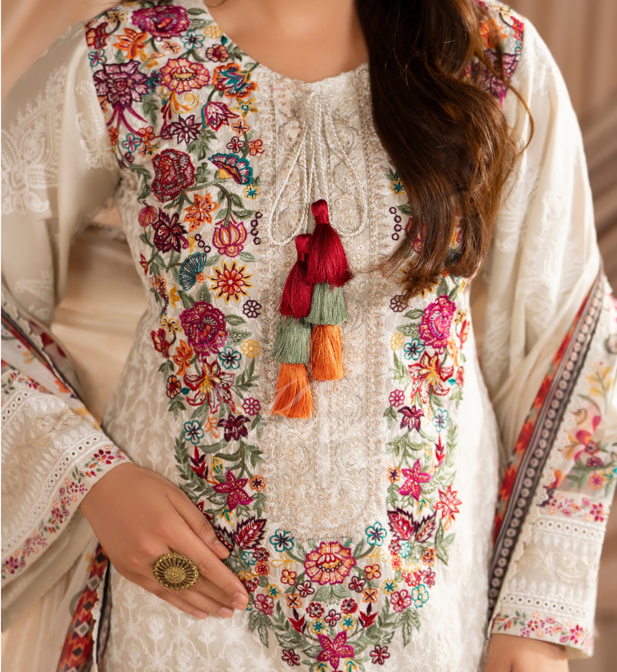Warm Beige Karma Signature Embroidered 3 Piece suit