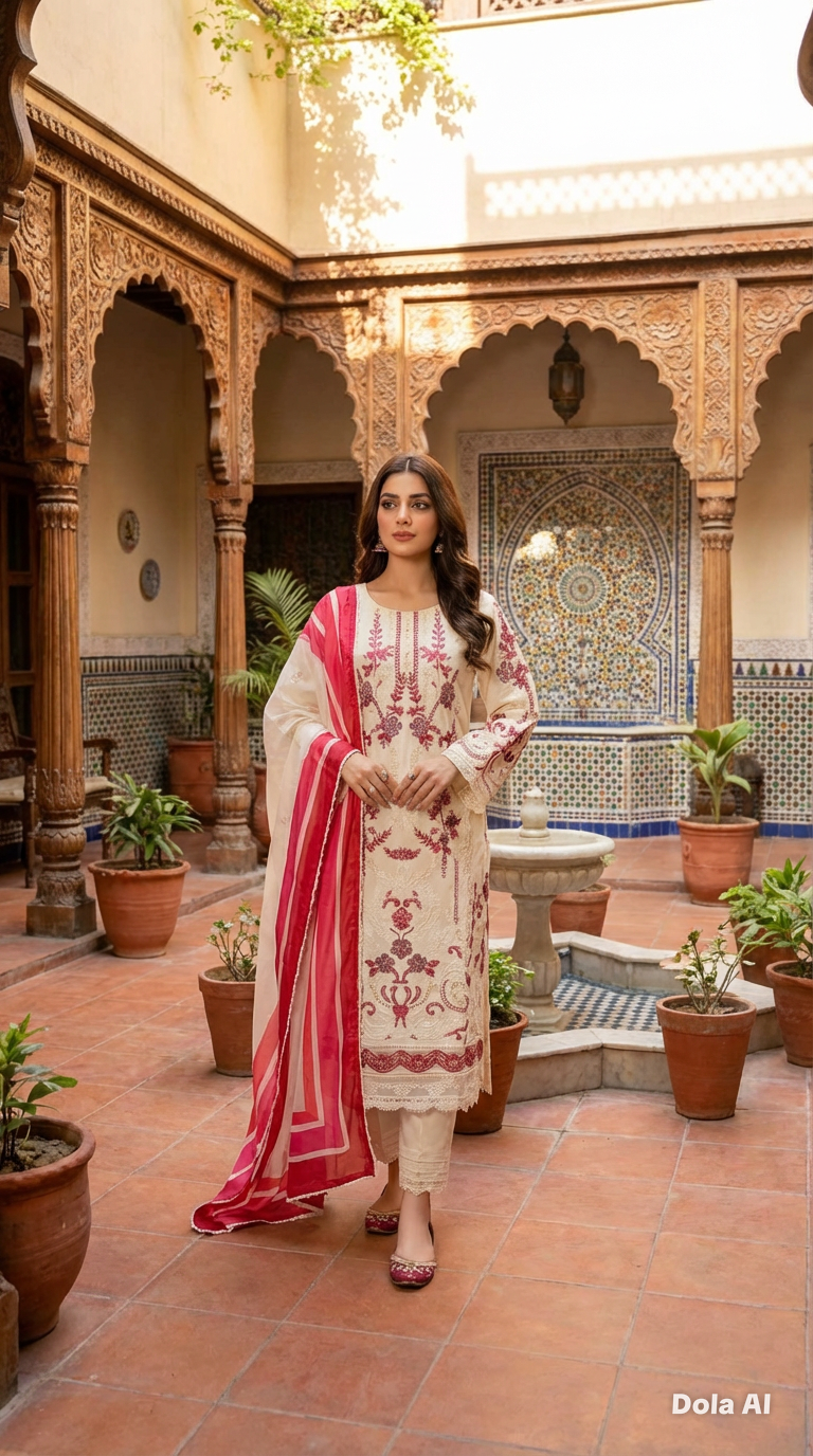 White and red Maria b inspired 3pc outfit with a silk scarf