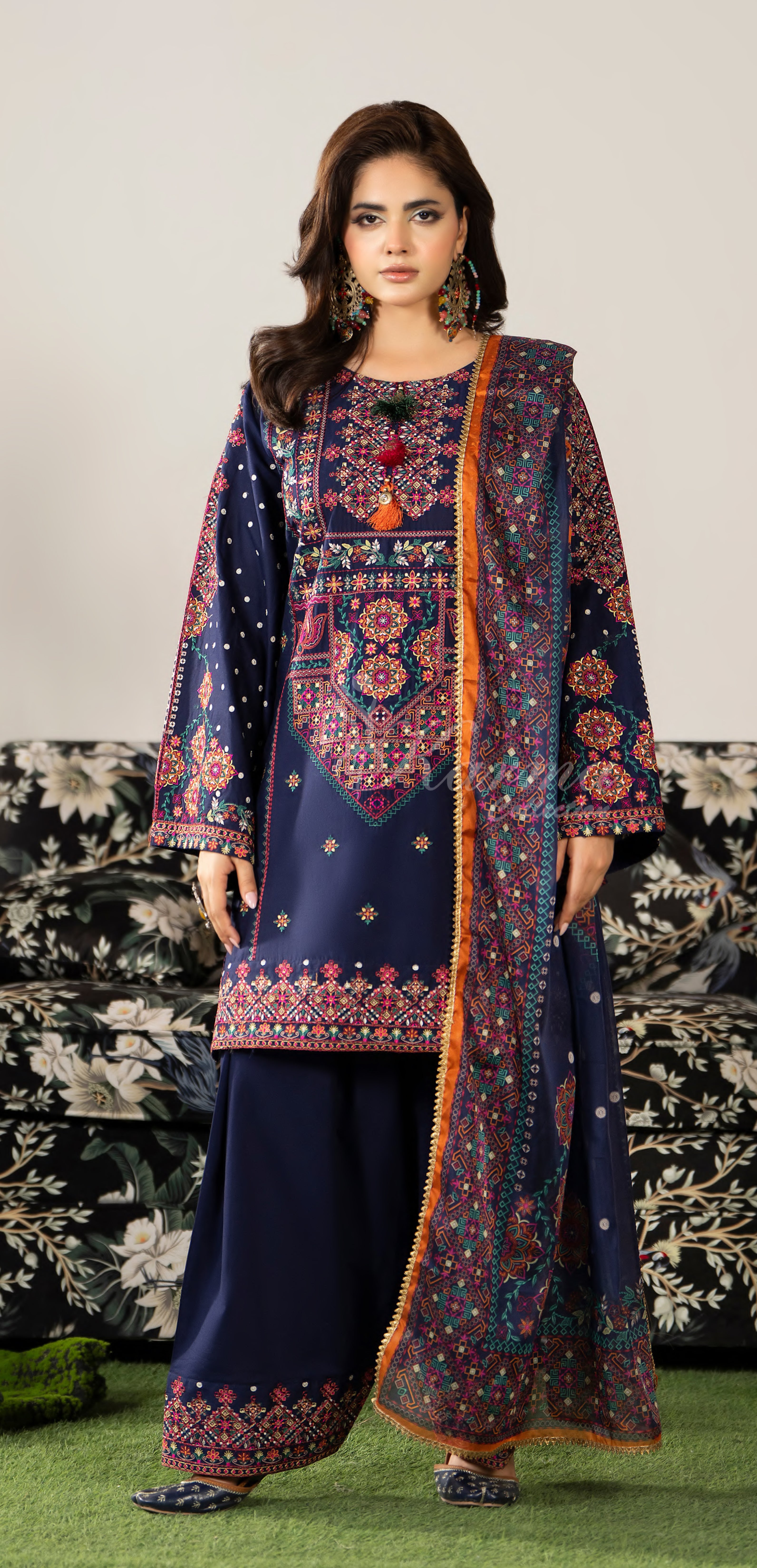 Dark Navy Karma Signature Embroidered 3 Piece suit