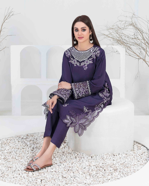 Navy Blue Embroidered Slub Linen 2-Piece Suit