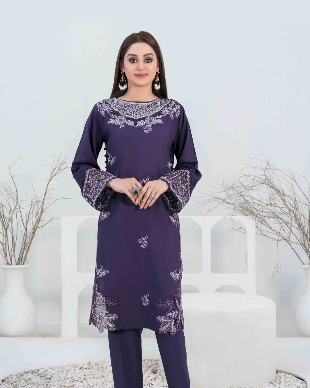 Navy Blue Embroidered Slub Linen 2-Piece Suit