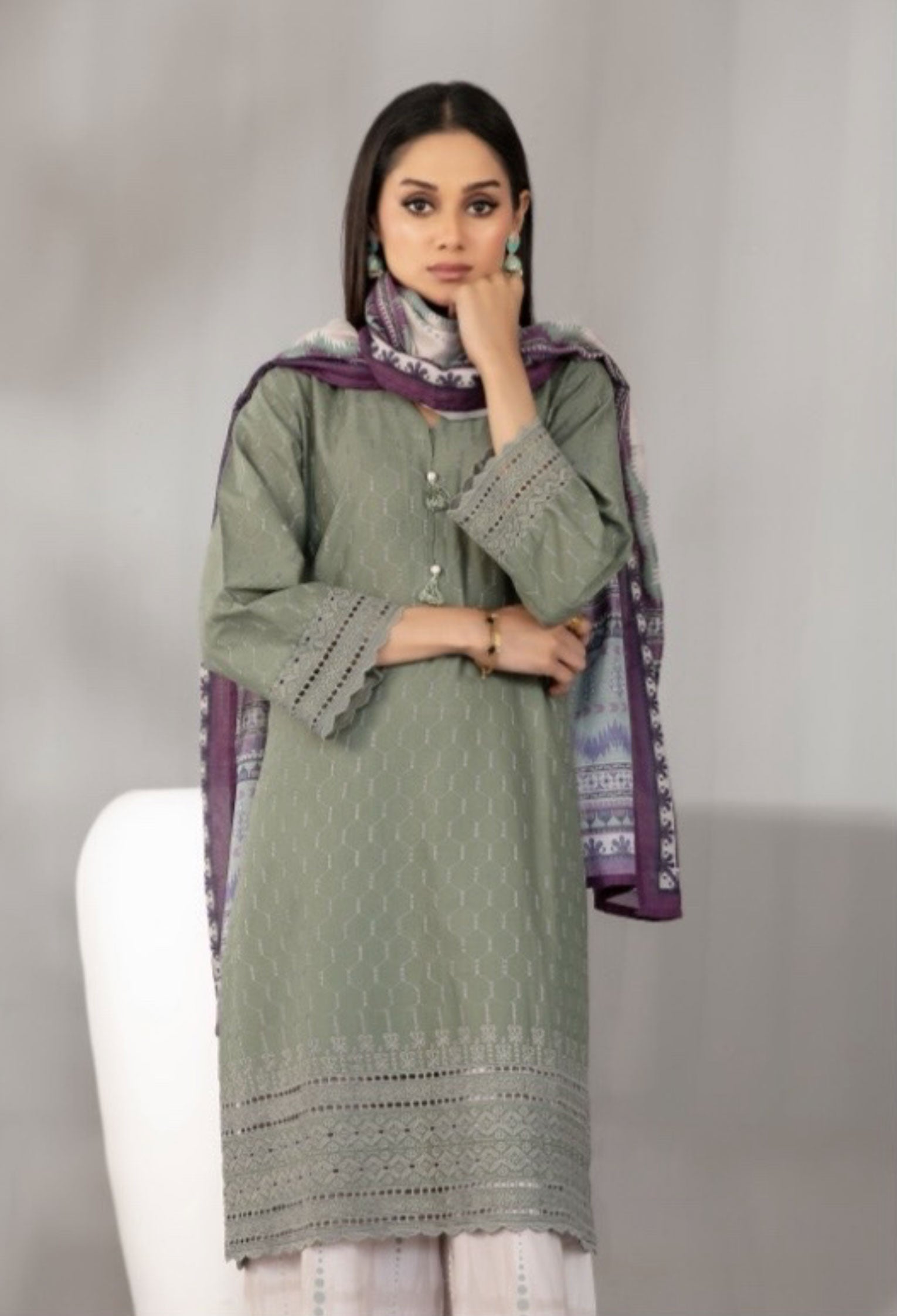 Dusty Olive Embroidered Schiffli Lawn with Digital Printed Dupatta