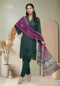 Deep Green Embroidered 3-Piece Suit with Purple Digital Print Dupatta