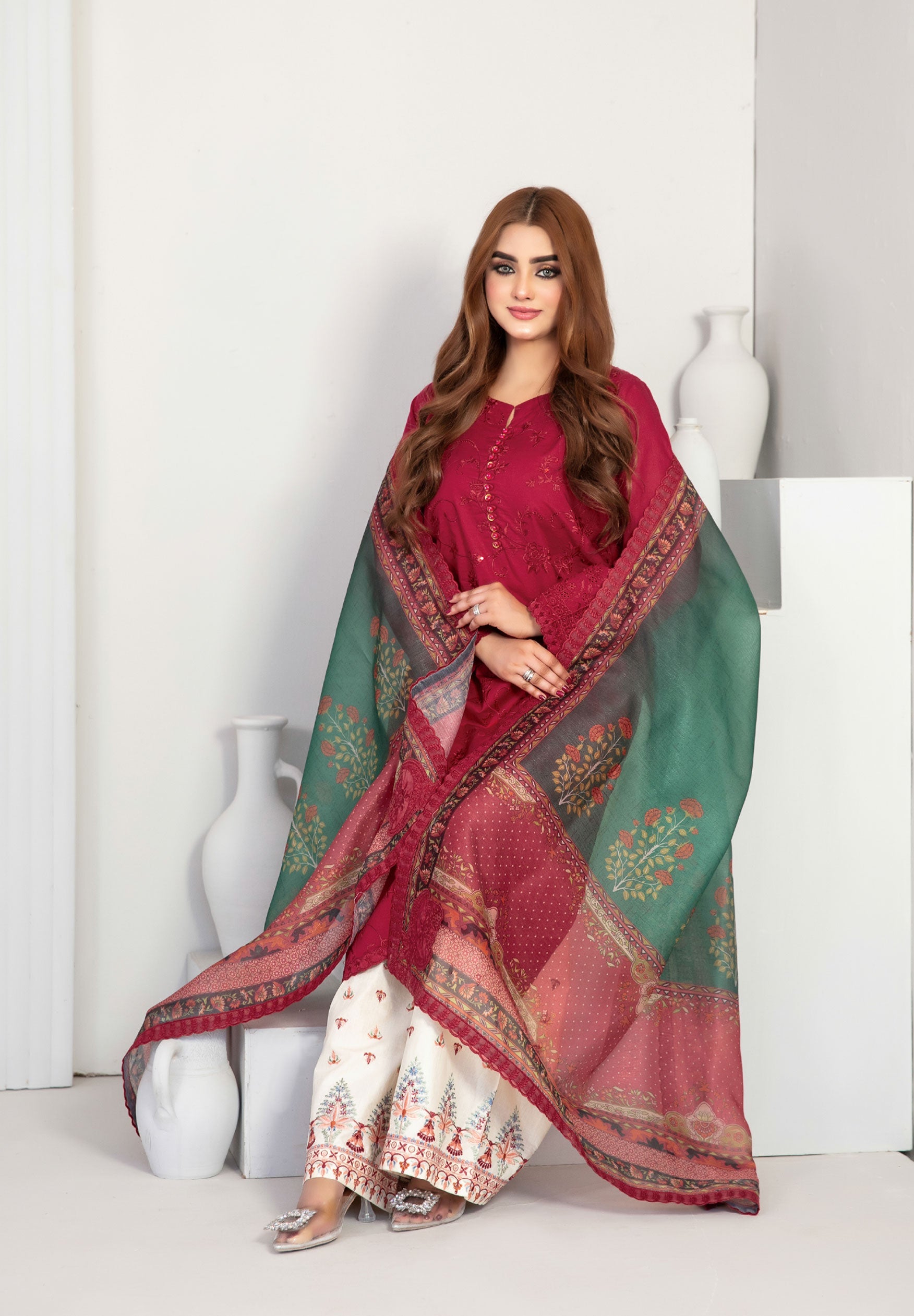 Maroon Fancy Embroidered Lawn with Digital Print Dupatta