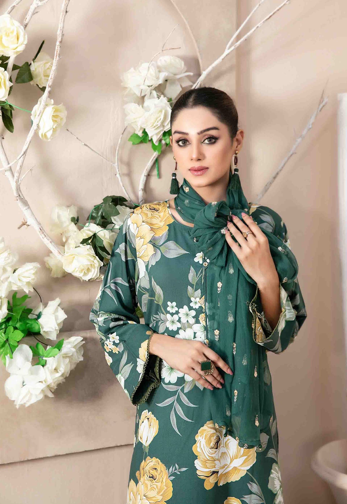 Emerald Green Floral 3-Piece Suit with Embroidered Chiffon Dupatta