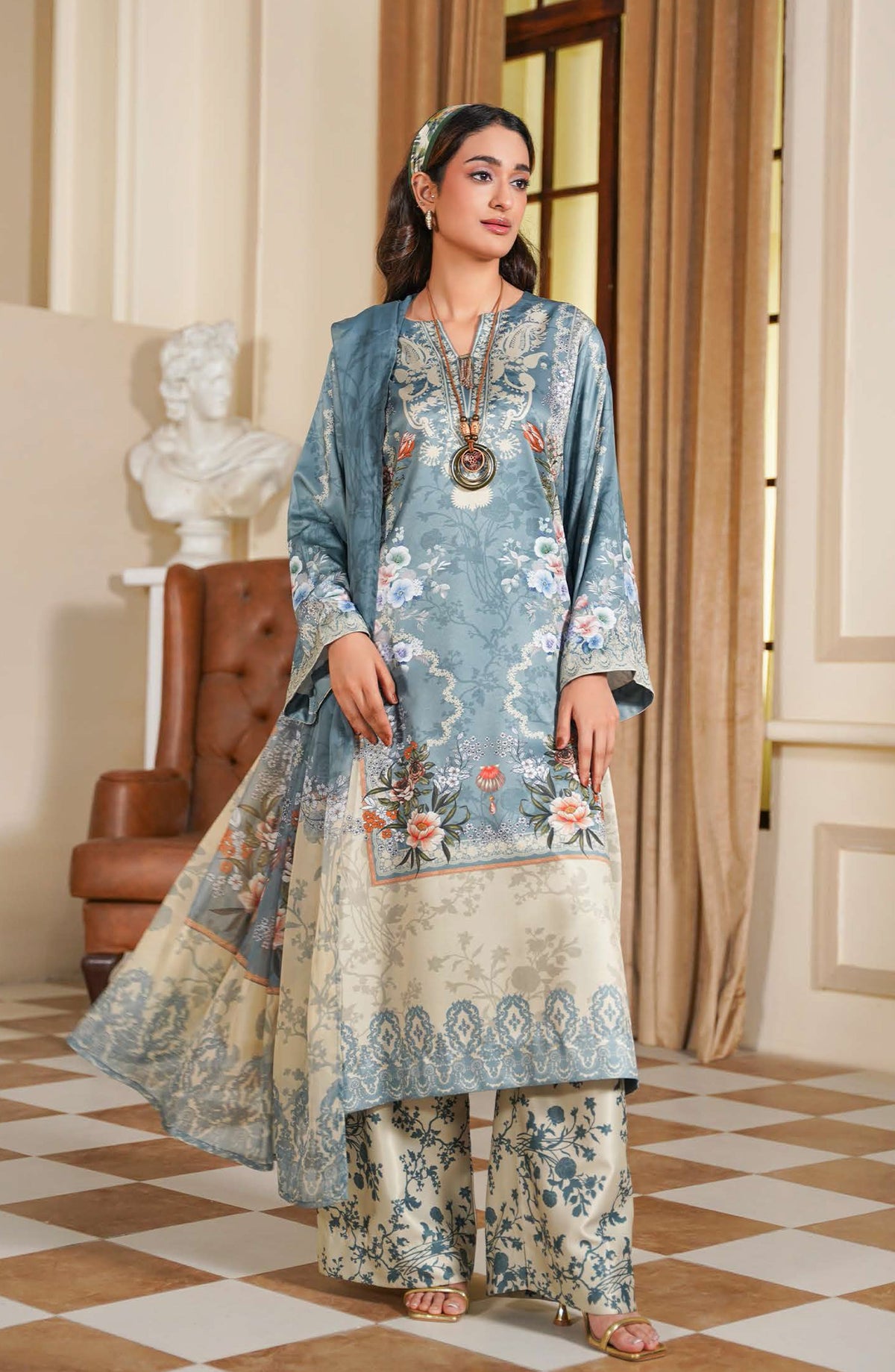 Dusty Blue Floral Printed 3-Piece Suit with Cream Borders