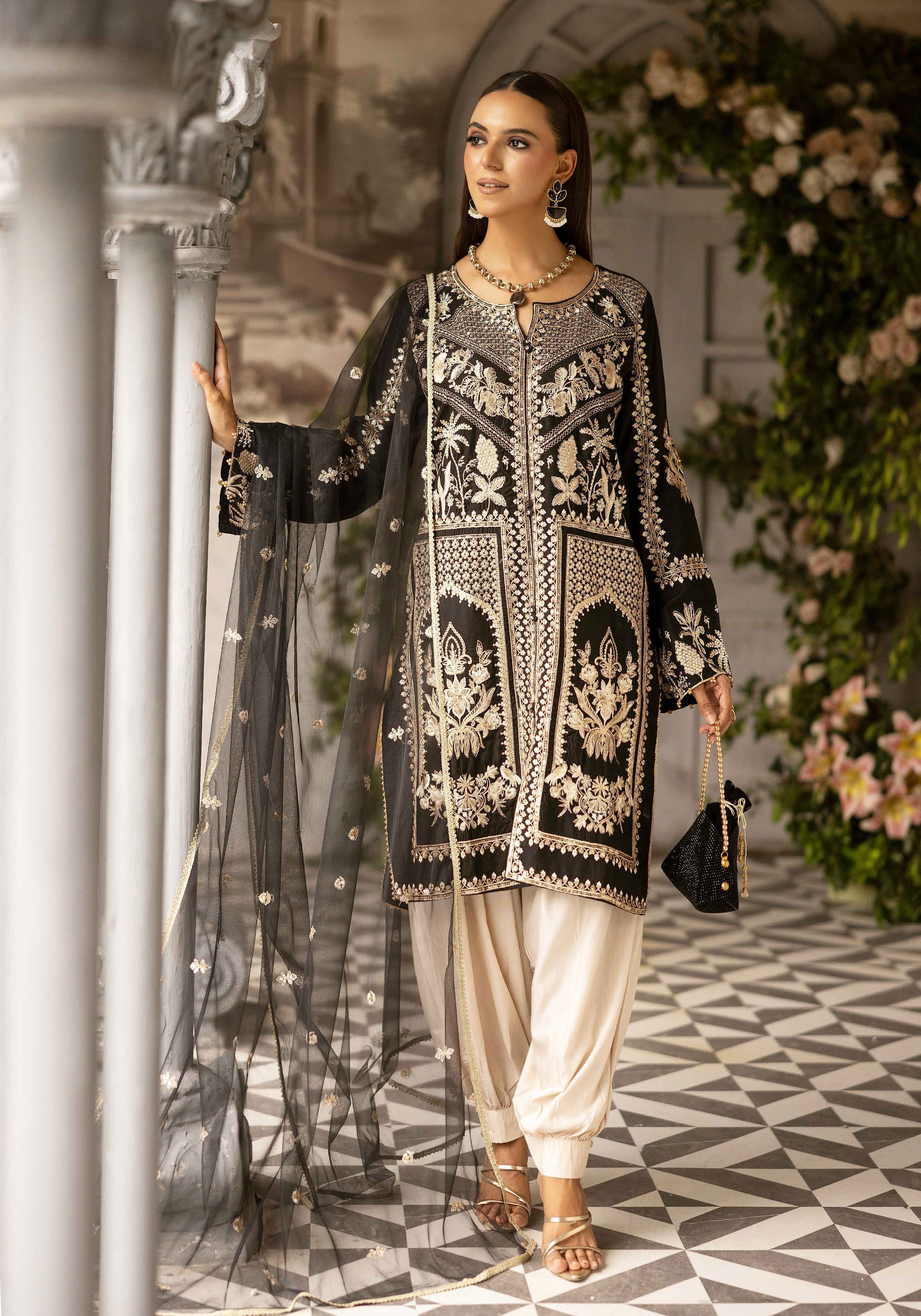 Black Luxury Embroidered 3-Piece Suit with Organza Dupatta & Tulip Shalwar