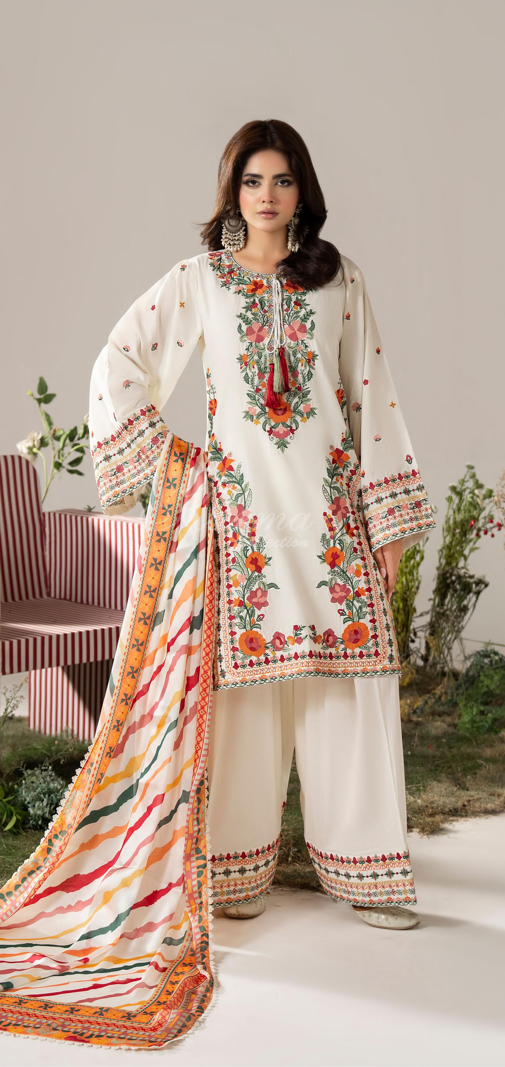 Warm Cream Karma Signature Embroidered 3 Piece suit