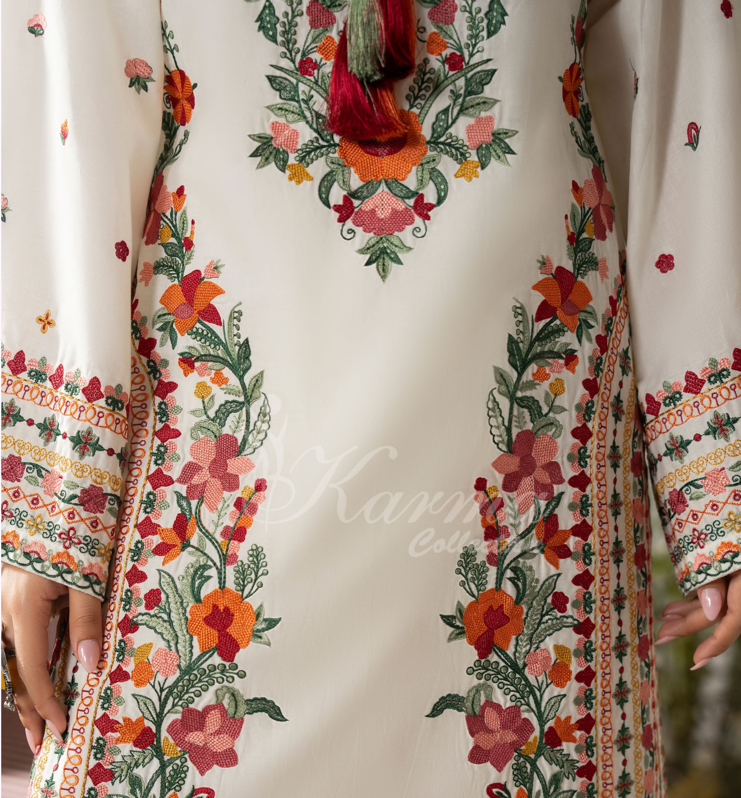 Warm Cream Karma Signature Embroidered 3 Piece suit