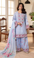 Frost Blue Embroidered Lawn Suit with Floral Printed Dupatta & Farshi Shalwar