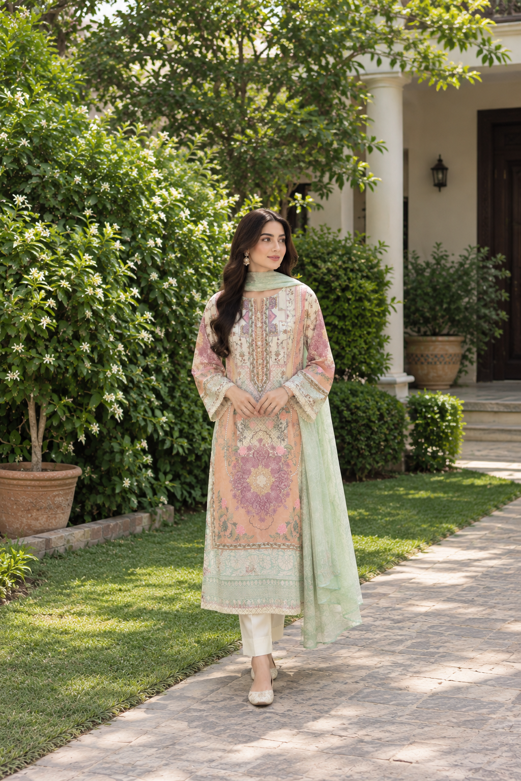 Floral kaftan 3pc peach colour