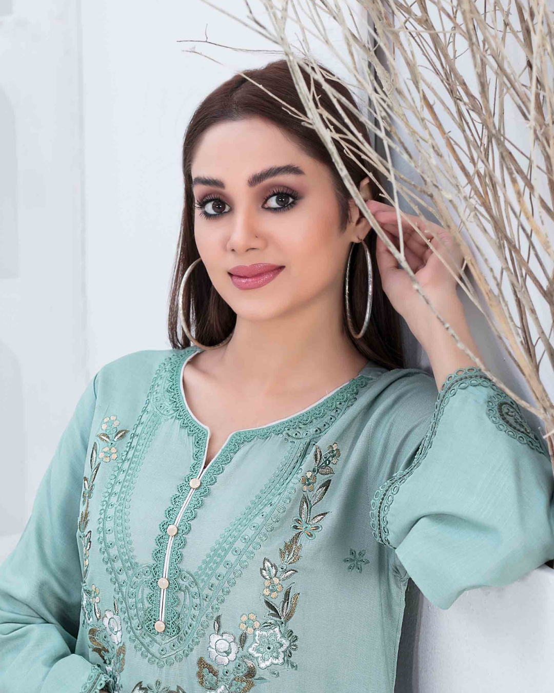 Mint Green Embroidered Slub Linen 2-Piece Suit