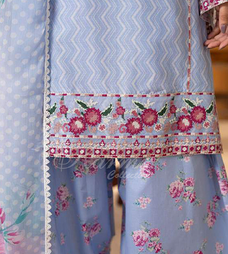 Frost Blue Embroidered Lawn Suit with Floral Printed Dupatta & Farshi Shalwar