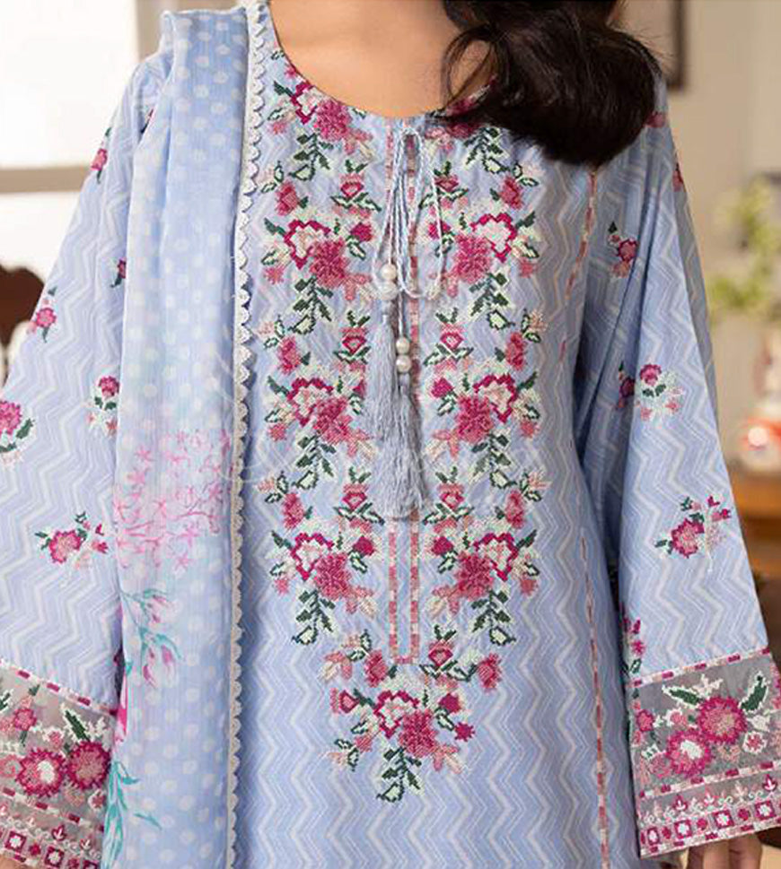 Frost Blue Embroidered Lawn Suit with Floral Printed Dupatta & Farshi Shalwar