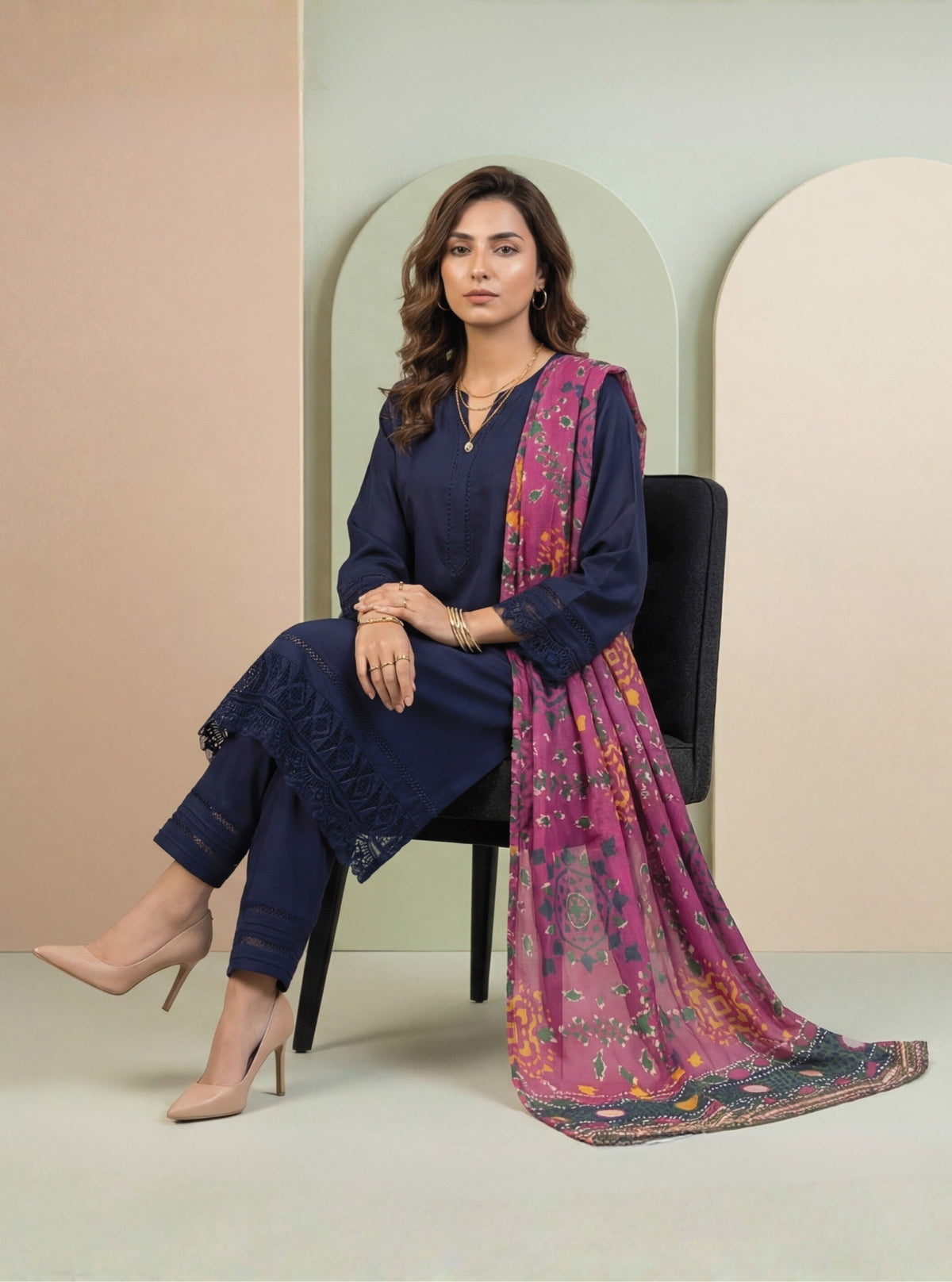 Navy Blue Embroidered 3-Piece Suit with Multicolor Digital Print Dupatta