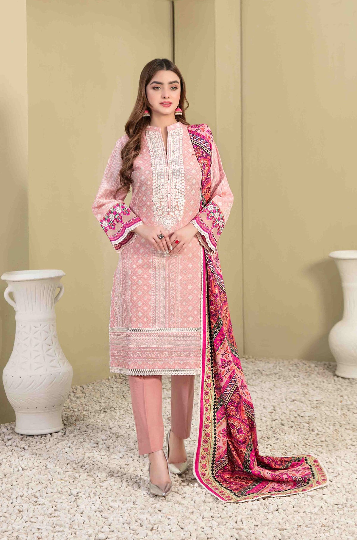 Pink Khaddar Printed 3-Piece Suit with Embroidered Front and Multicolor Dupatta