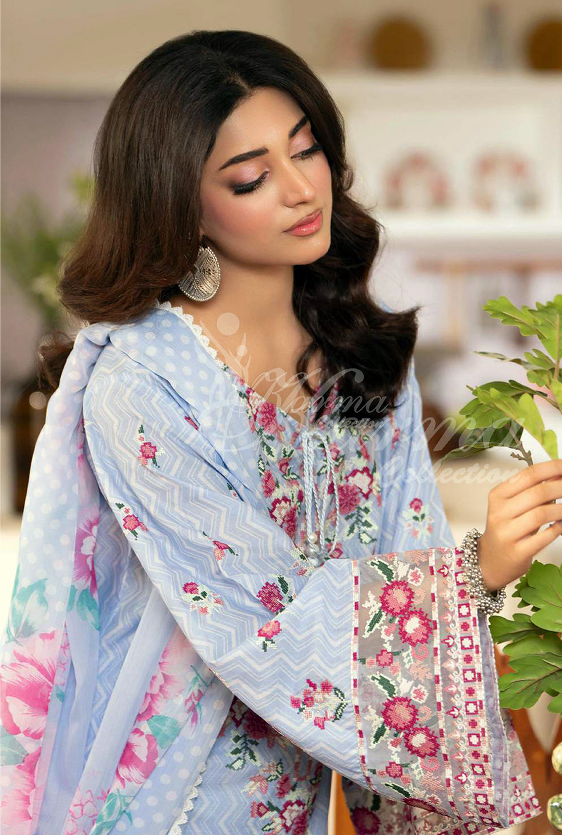 Frost Blue Embroidered Lawn Suit with Floral Printed Dupatta & Farshi Shalwar