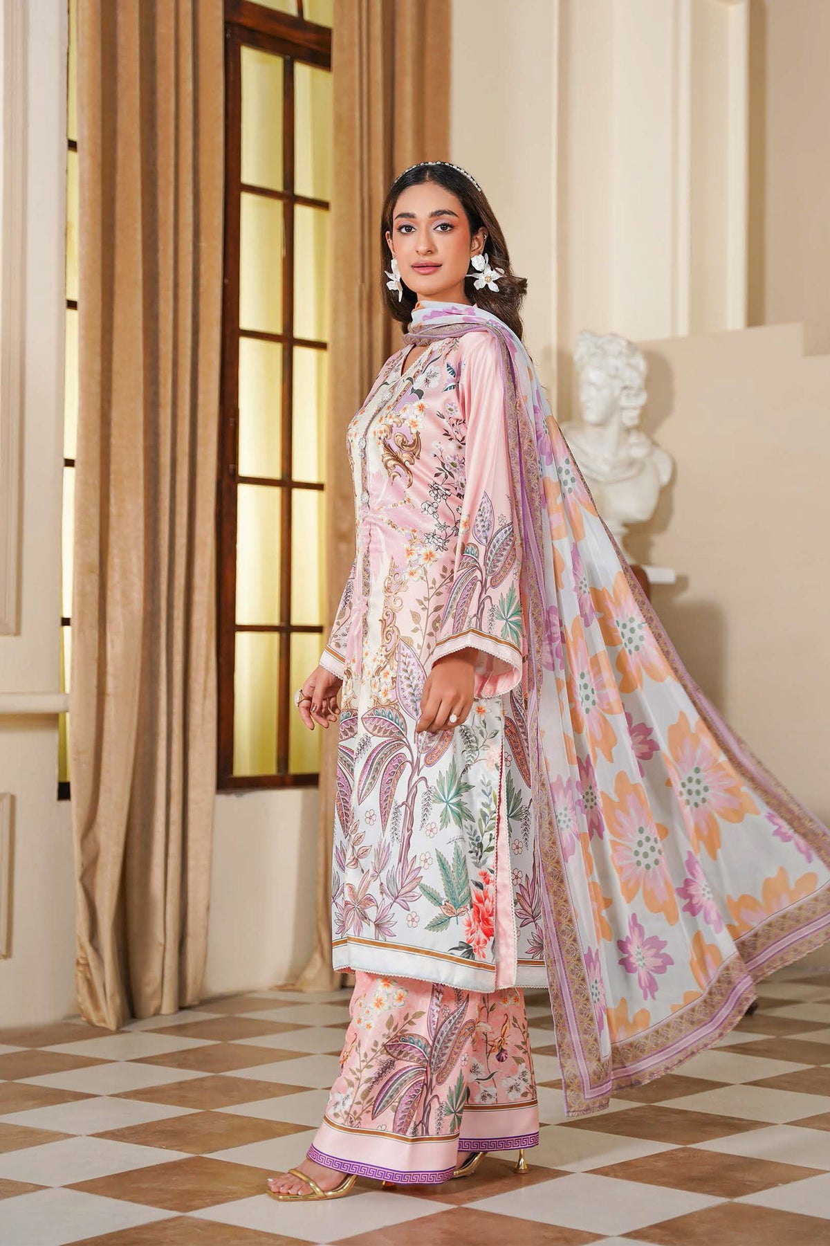 Blush Pink Floral Printed 3-Piece Suit with Multicolor Dupatta