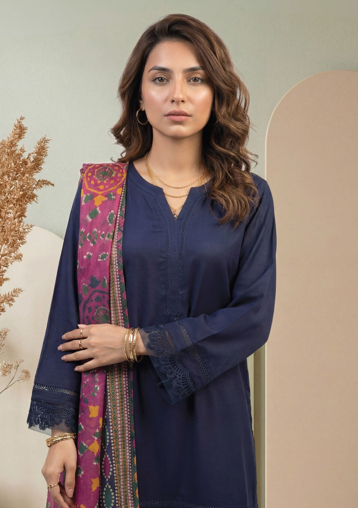 Navy Blue Embroidered 3-Piece Suit with Multicolor Digital Print Dupatta