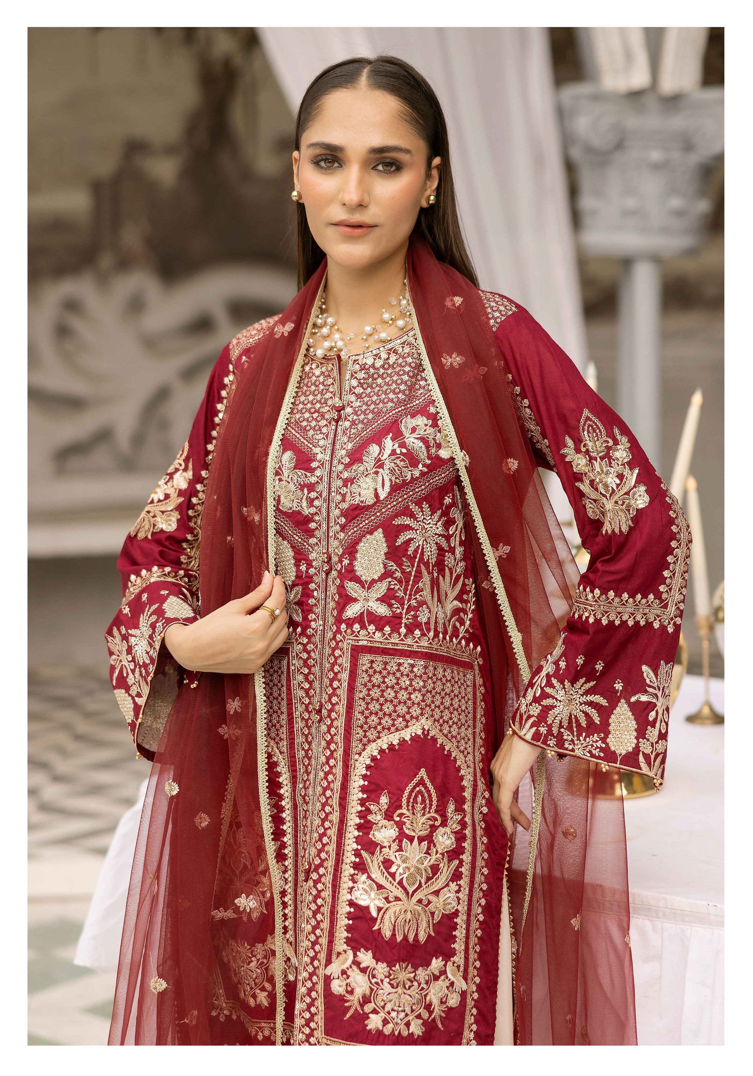 Ruby Red Luxury Embroidered 3-Piece Suit with Organza Dupatta & Tulip Shalwar