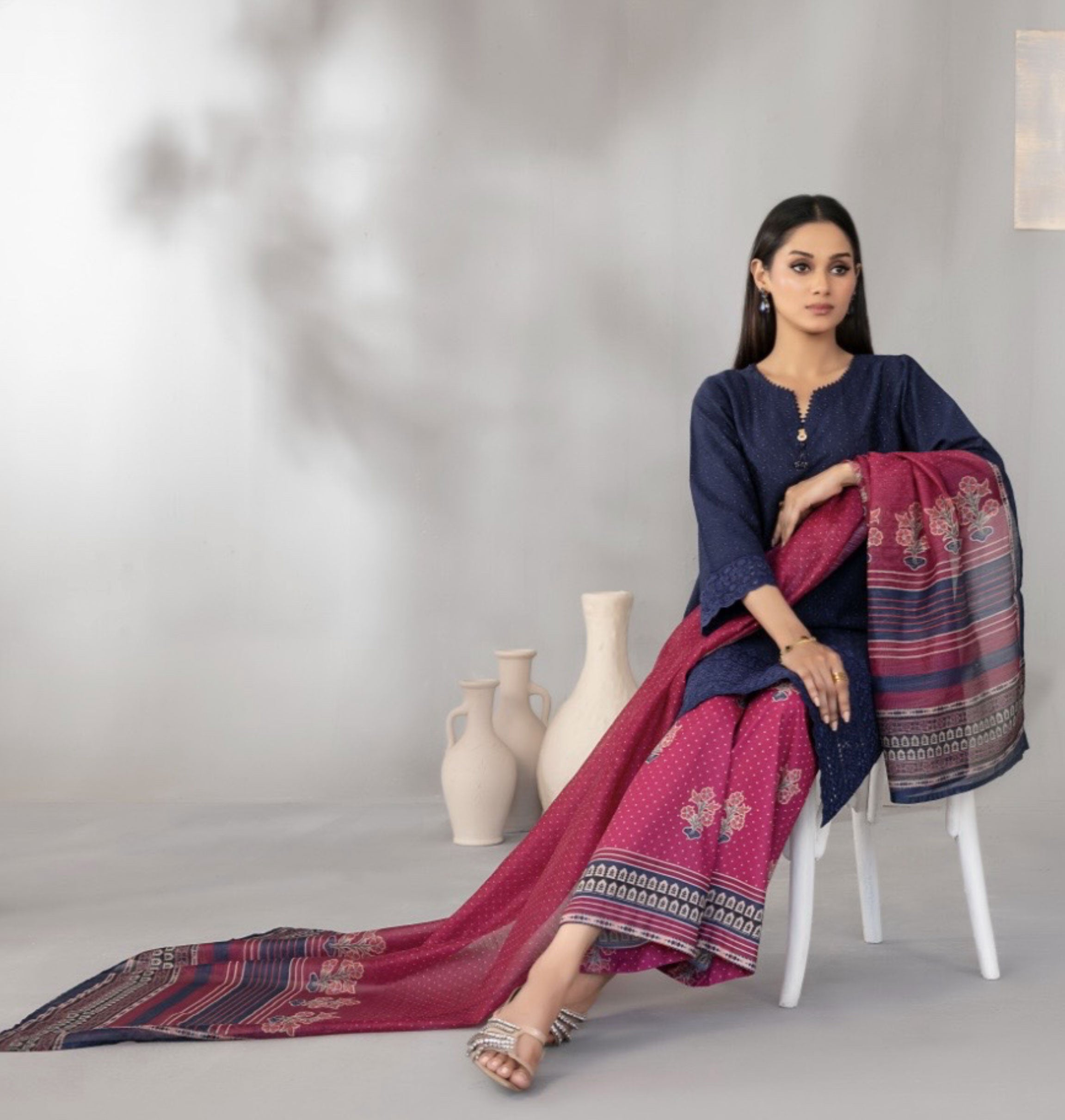 Deep Navy Embroidered Schiffli Lawn with Digital Printed Dupatta