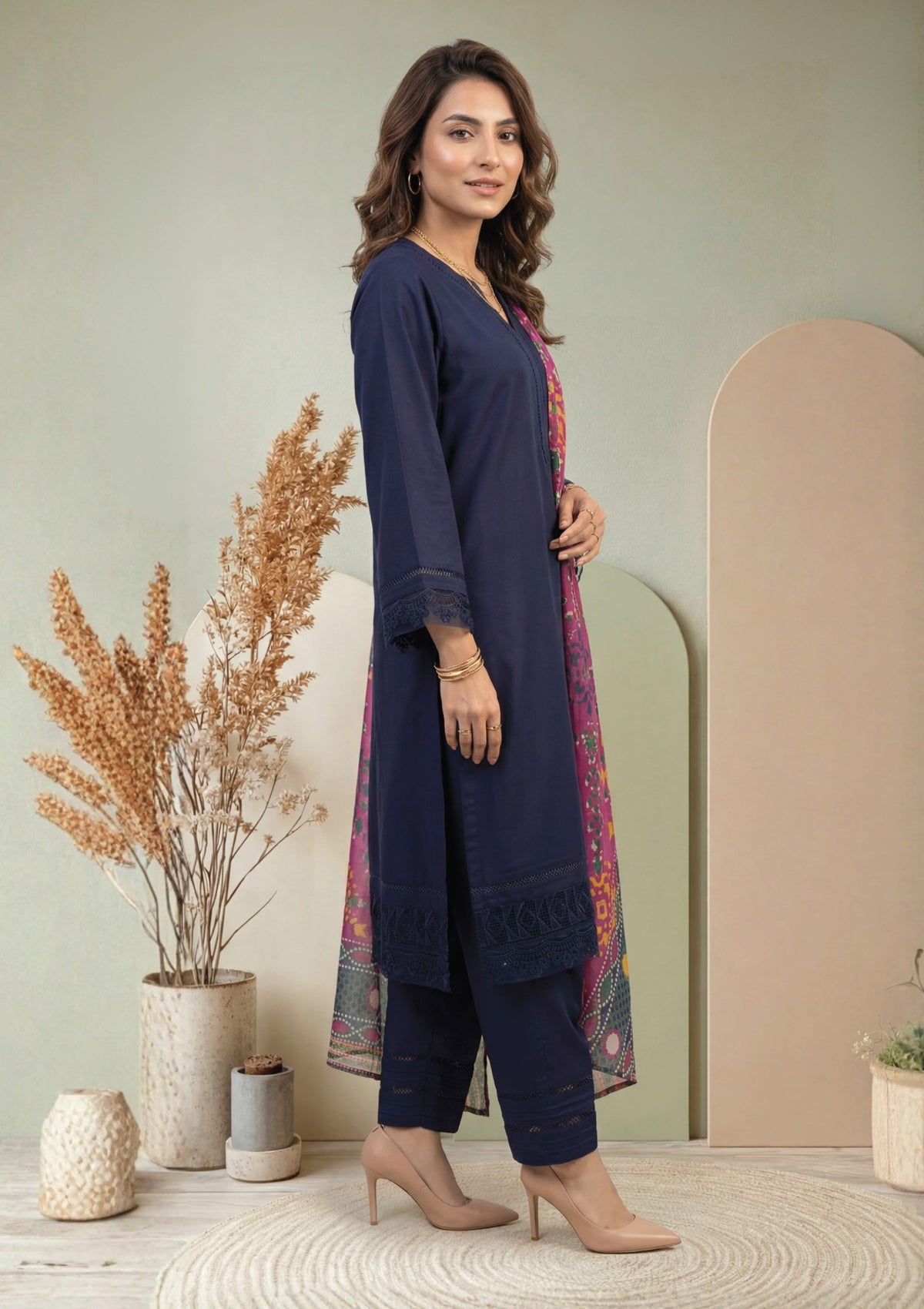 Navy Blue Embroidered 3-Piece Suit with Multicolor Digital Print Dupatta