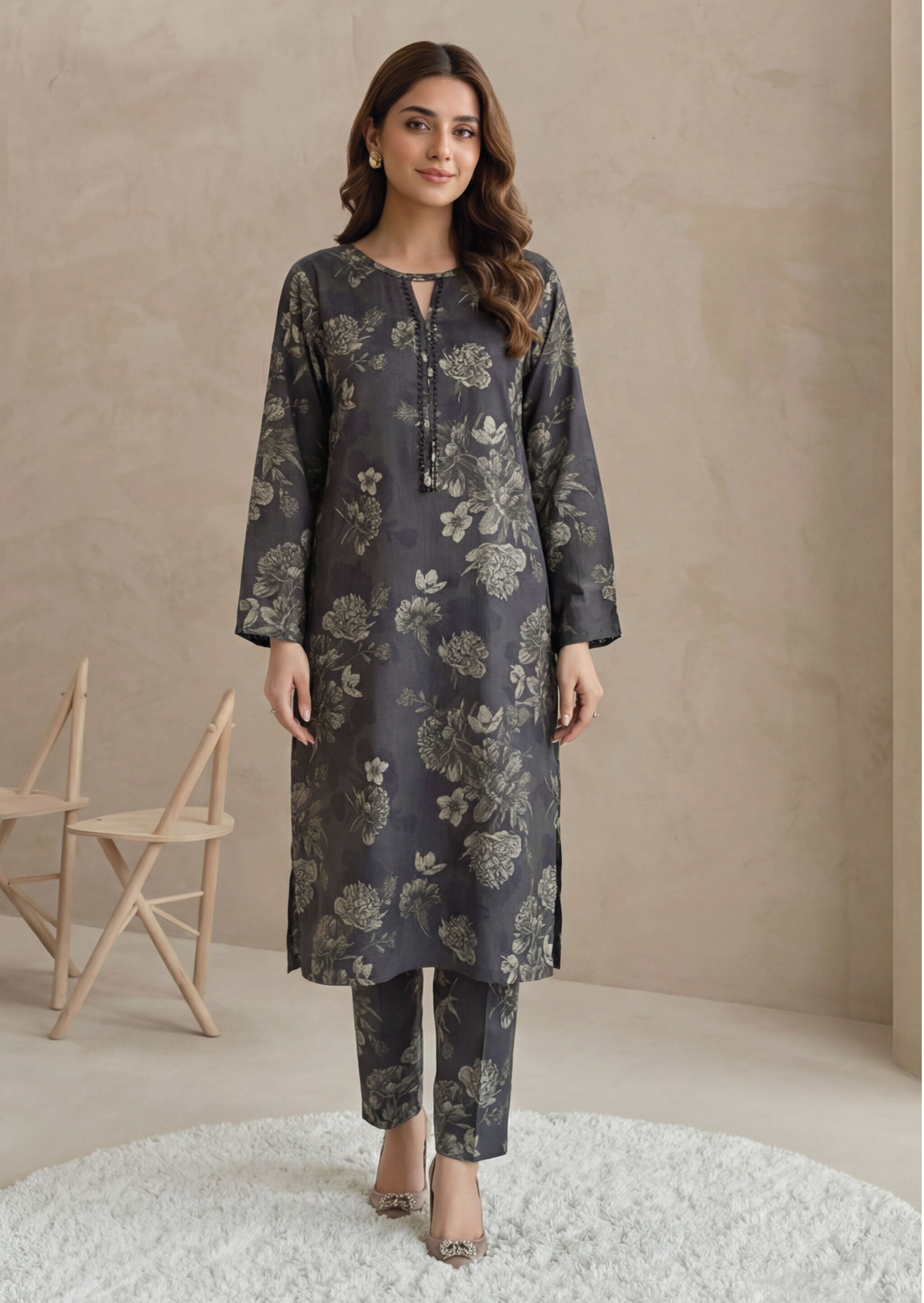 Smoky Grey Linen Stitched Staple Digital print suit
