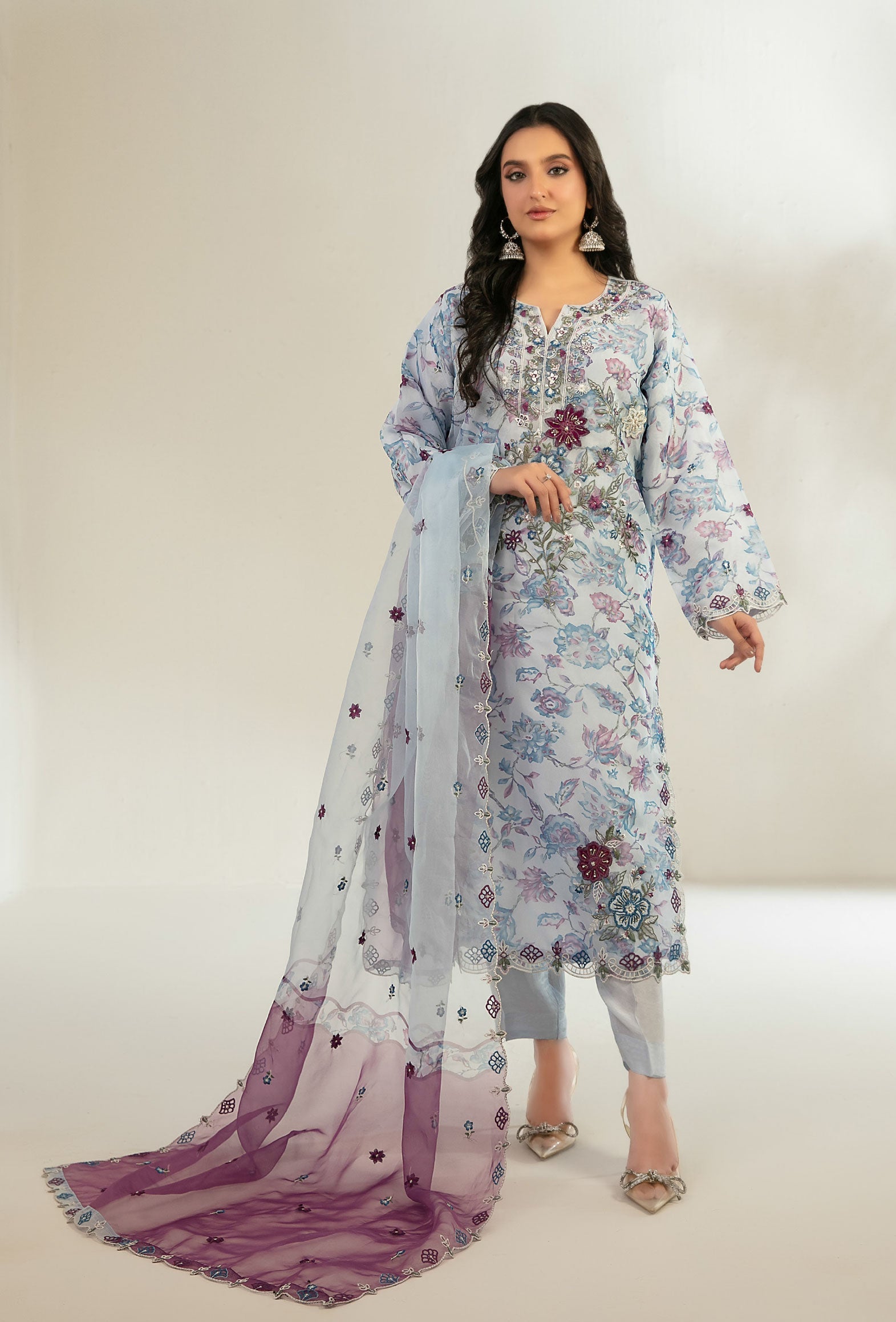 Silver Blue Stitched Fancy Embrioderd organza suit