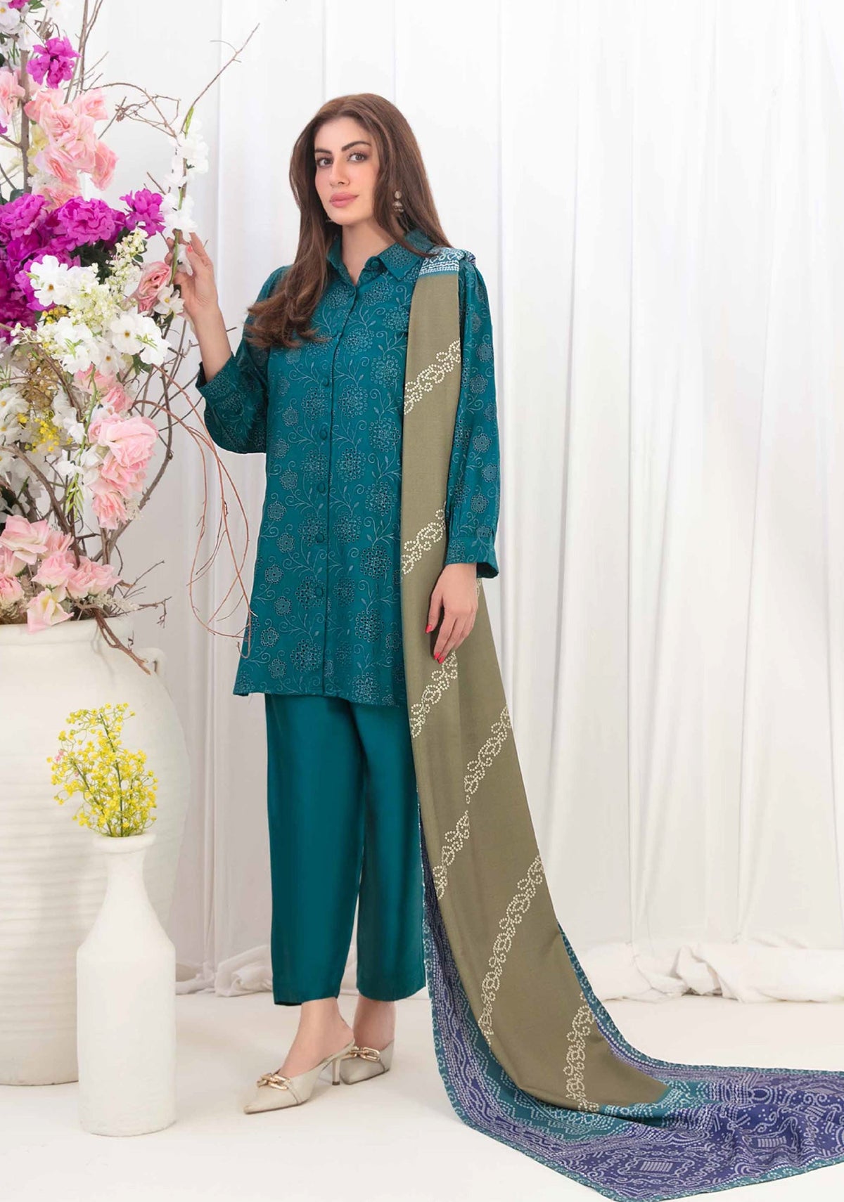 Deep Teal Embroidered Shirt with Olive Green Digital Printed Shawl Dupatta
