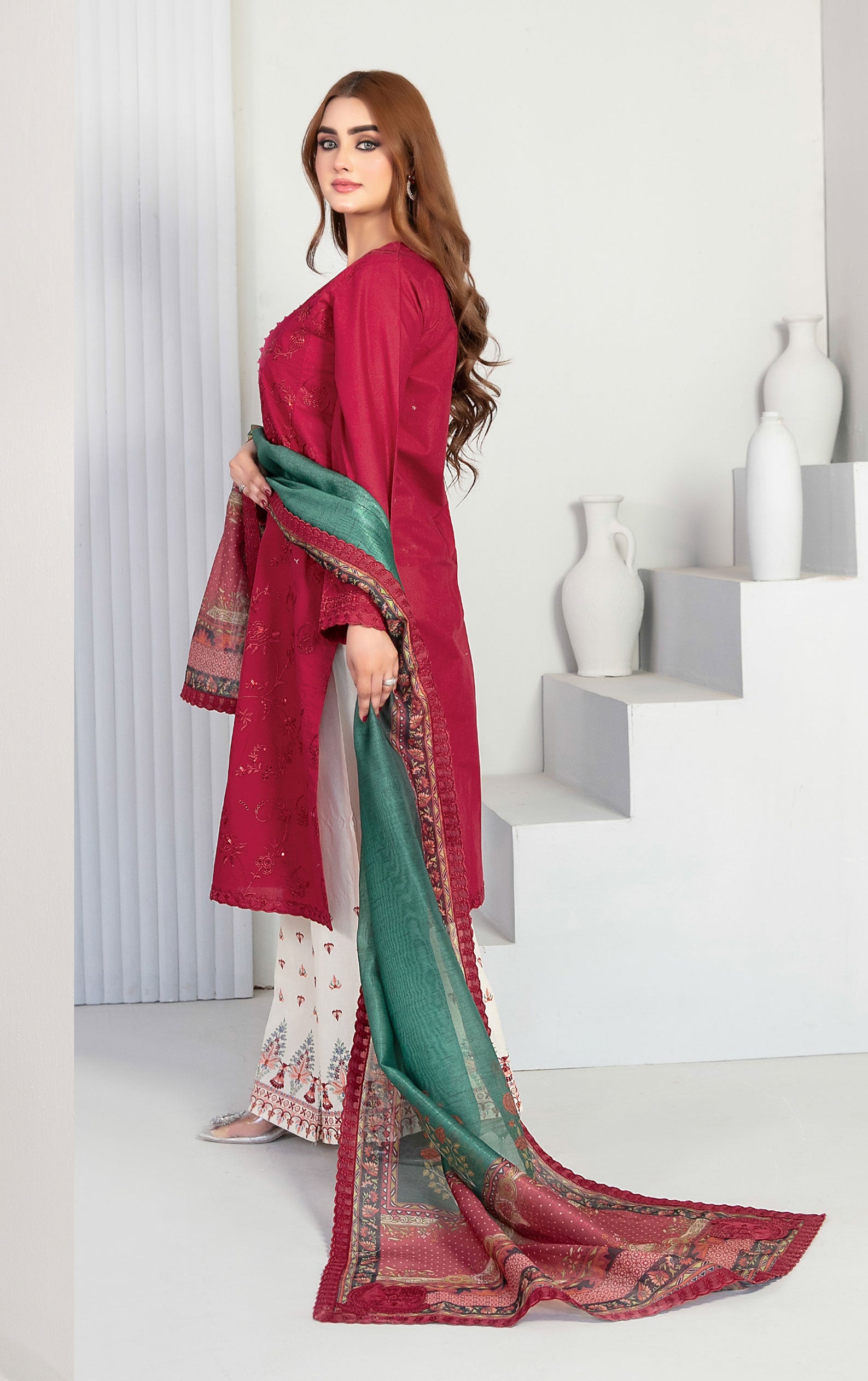 Maroon Fancy Embroidered Lawn with Digital Print Dupatta