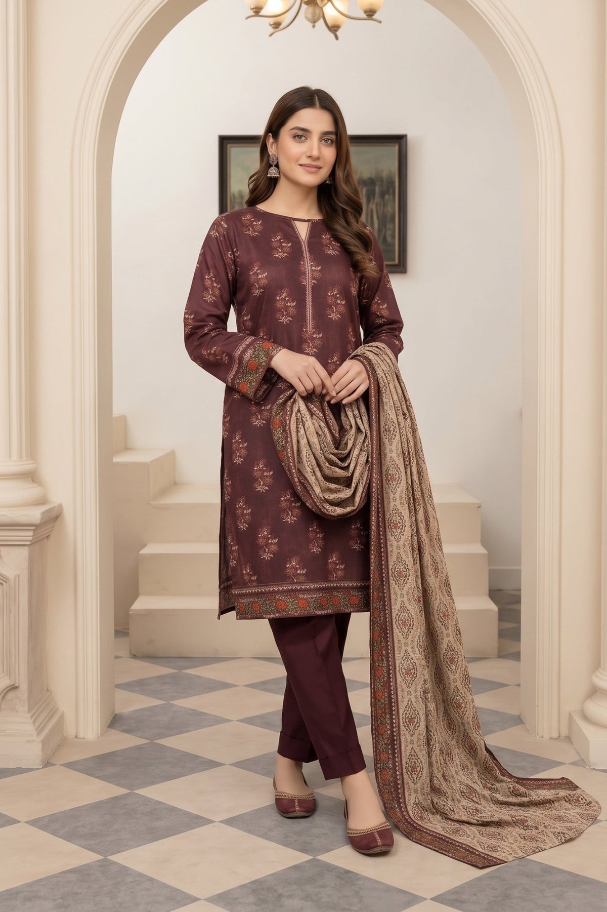 Maroon Printed Khaddar 3-Piece Suit