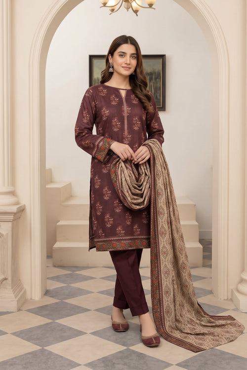Maroon Printed Khaddar 3-Piece Suit