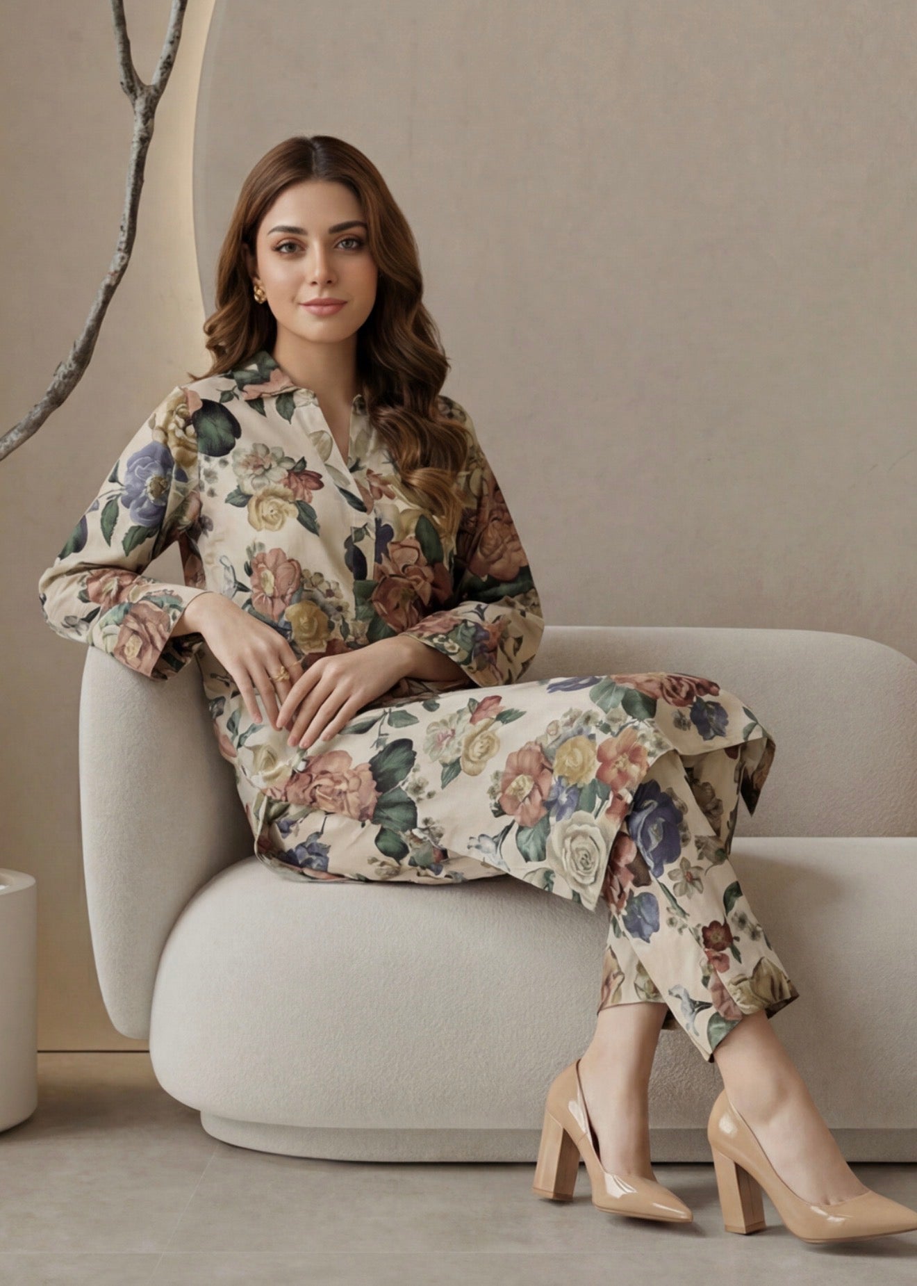 2pc co-ord set cream floral outfit noore vol3
