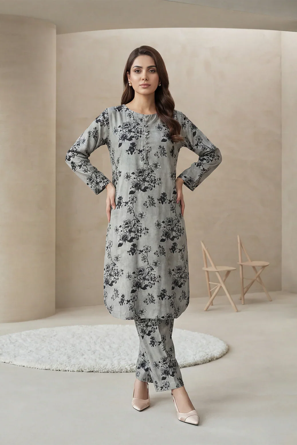 2pc co-ord set light grey with black floral flowers print noore vol 4