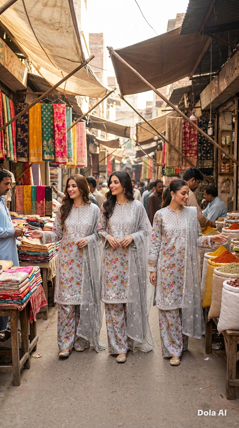 Floral suit with wide trousers and Chiffon embroidery dupatta