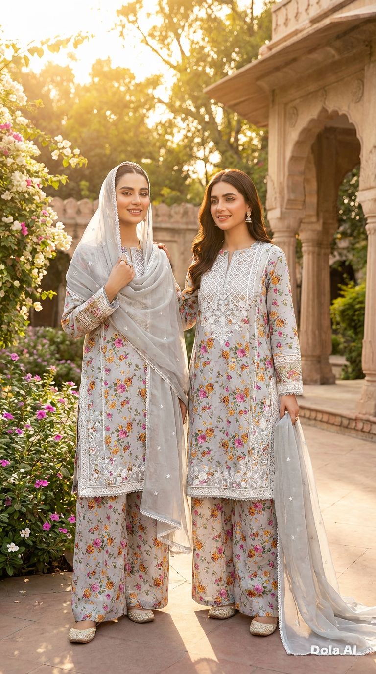 Floral suit with wide trousers and Chiffon embroidery dupatta