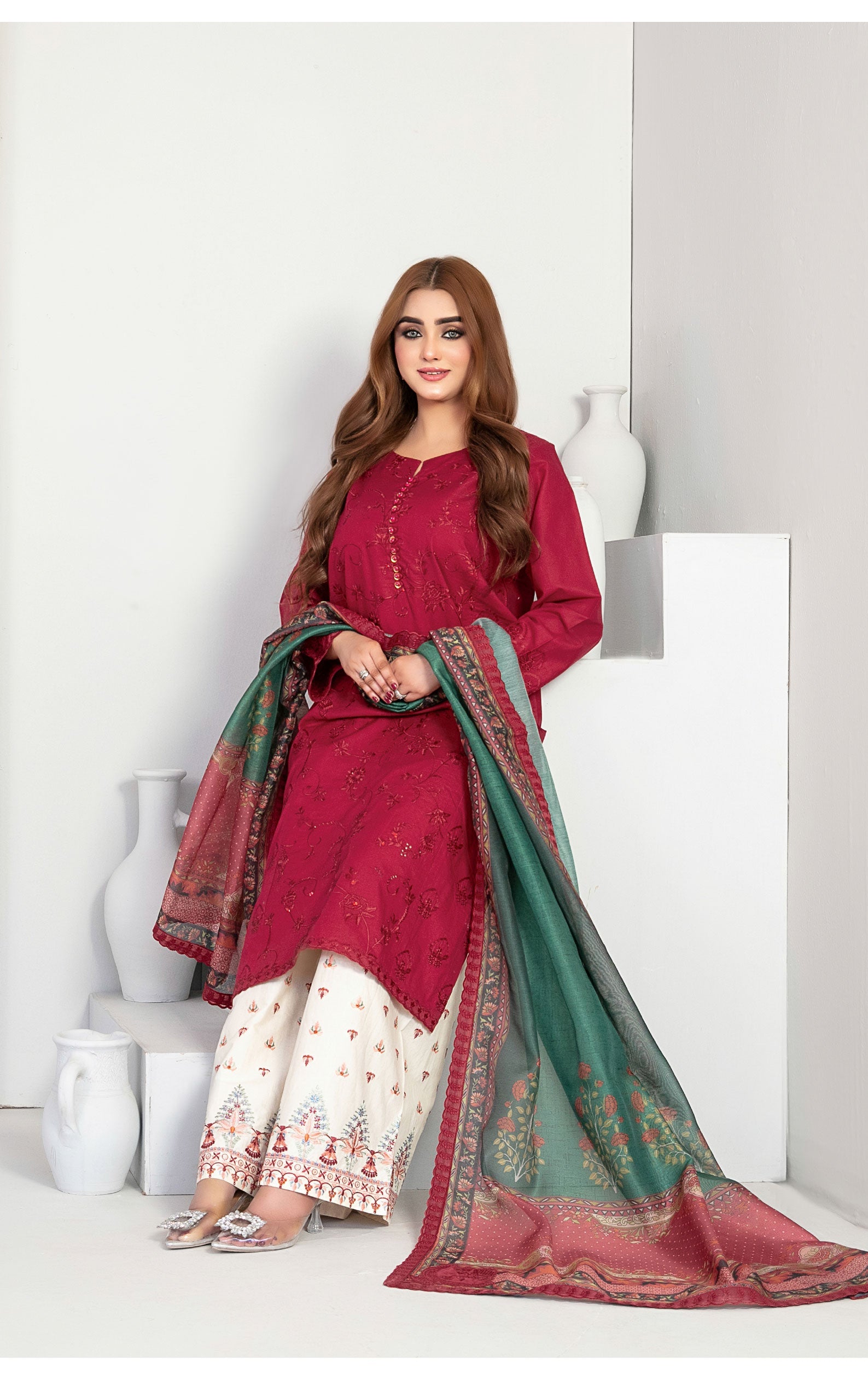 Maroon Fancy Embroidered Lawn with Digital Print Dupatta
